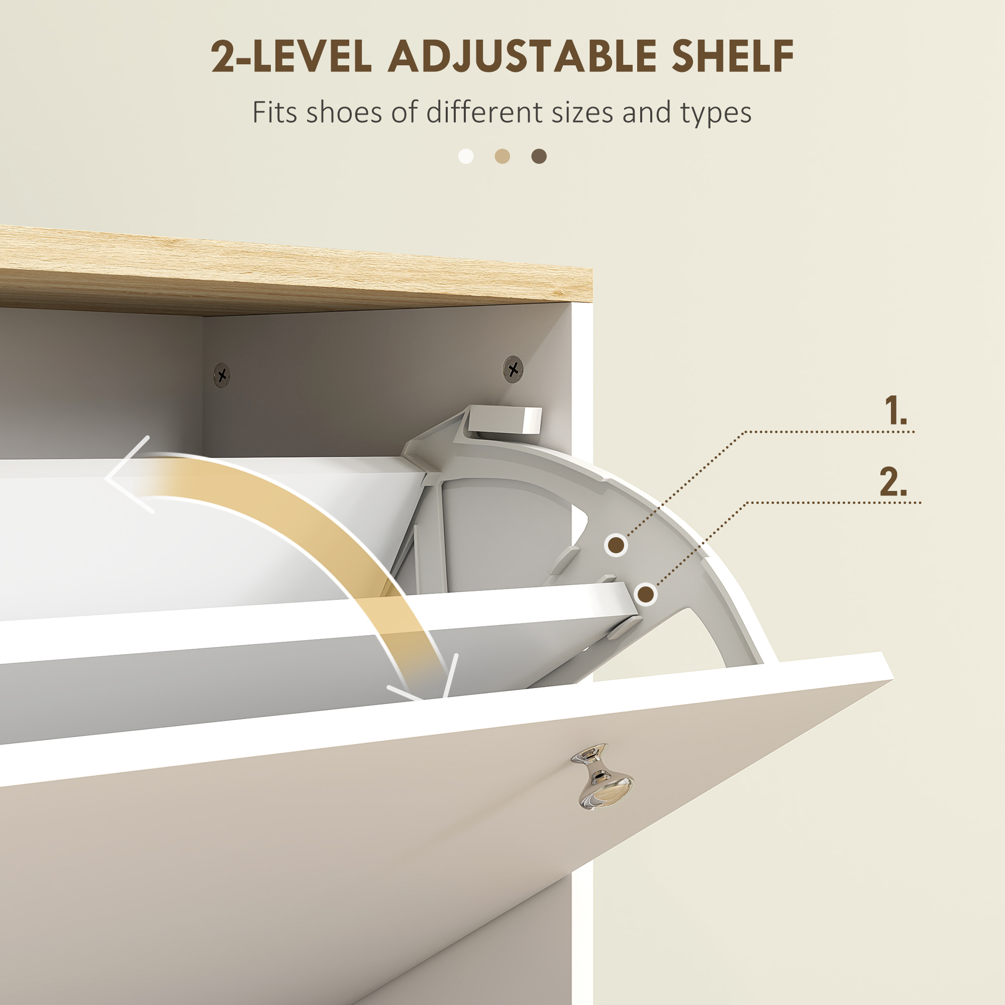 2 Drawers Shoe Storage Cabinet with Adjustable Shelves for 16 Pairs of Shoes, White - Image 3