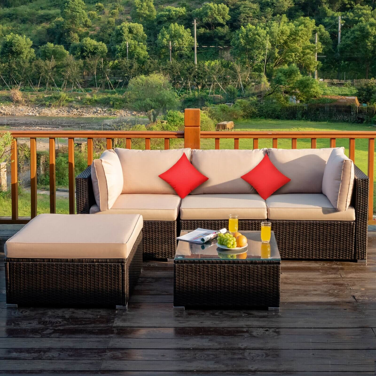5 Pieces Outdoor Patio Rattan Furniture Set Sectional Conversation with Cushions-Beige - Image 5