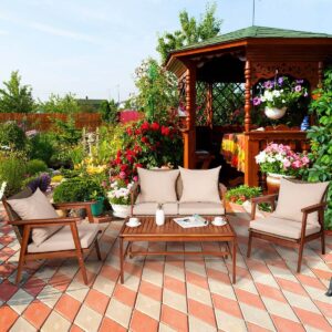 4 Pieces Acacia Wood Patio Rattan Furniture Set-Brown
