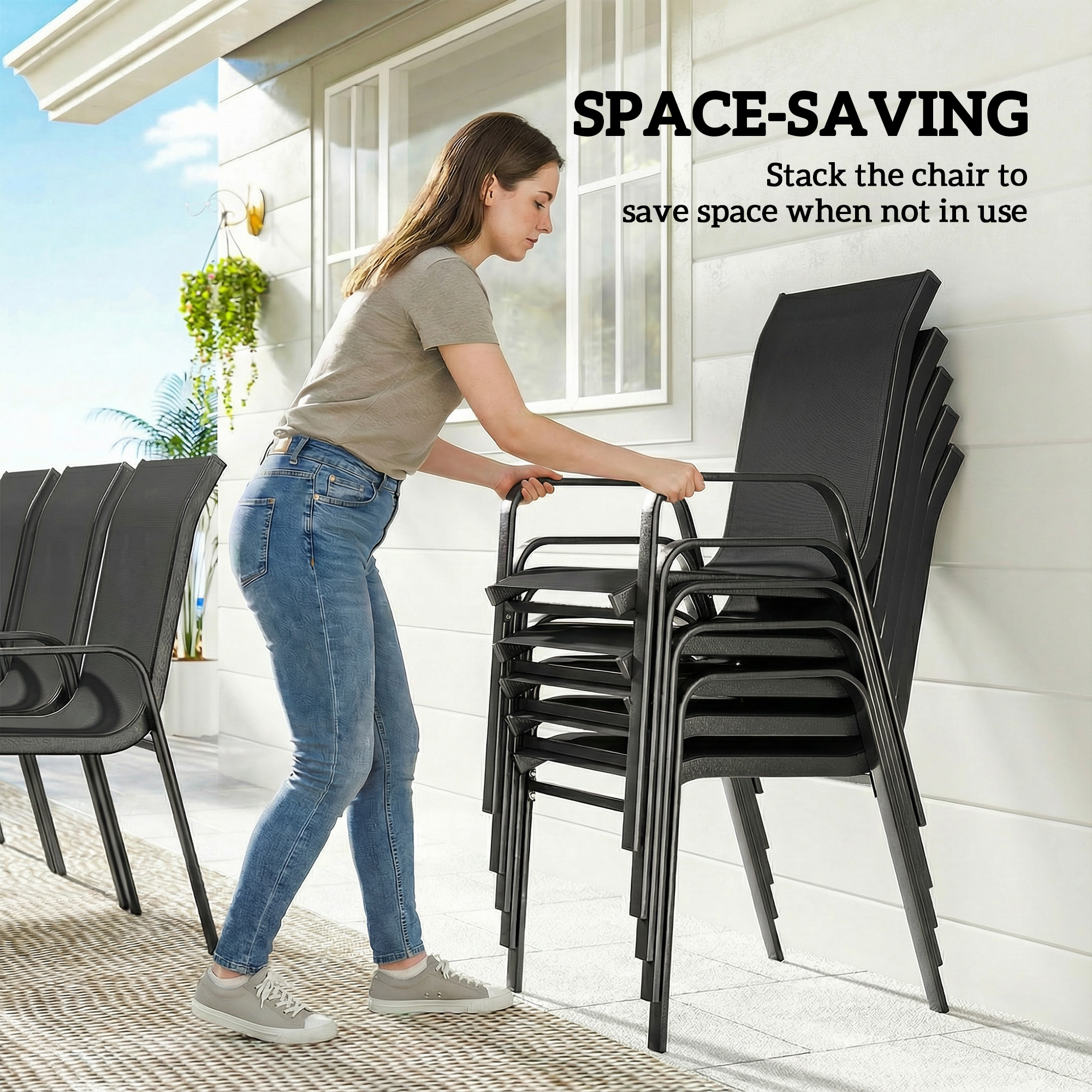 9 Pieces Patio Set with Stackable Chairs, Patio Dining Set with Glass Top for Garden, Patio, Backyard, Black - Image 2