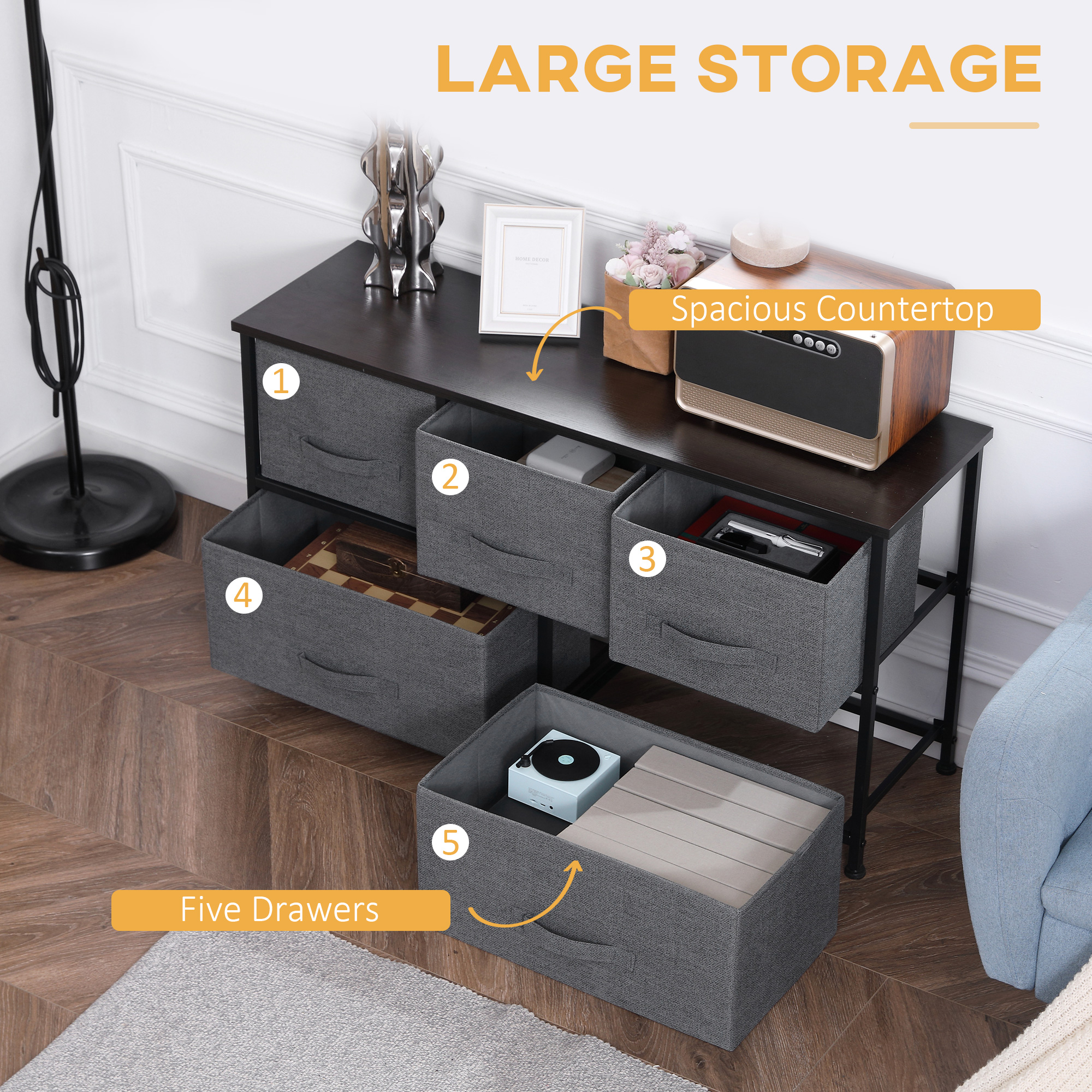 Linen Drawer Cabinet Organizer Storage Dresser Tower with 5 Removable Drawer Metal Frame Adjustable Feet for Living Room, Kitchen, Bathroom, Dark Grey - Image 2
