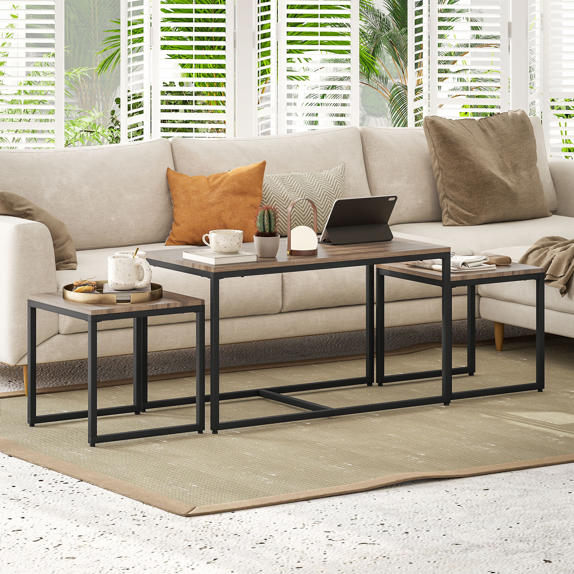 Nesting Coffee Table Set of 3, Modern End Tables with Black Metal Frame for Living Room Home Furniture, Brown - Image 5