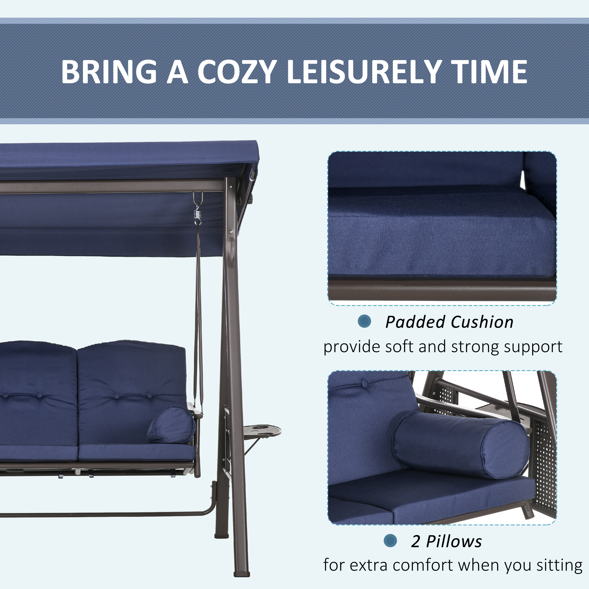 Outdoor Patio 3-Person Steel Canopy Cushioned Seat Bench Swing with Included Side Trays & Padded Comfort, Dark Blue - Image 4