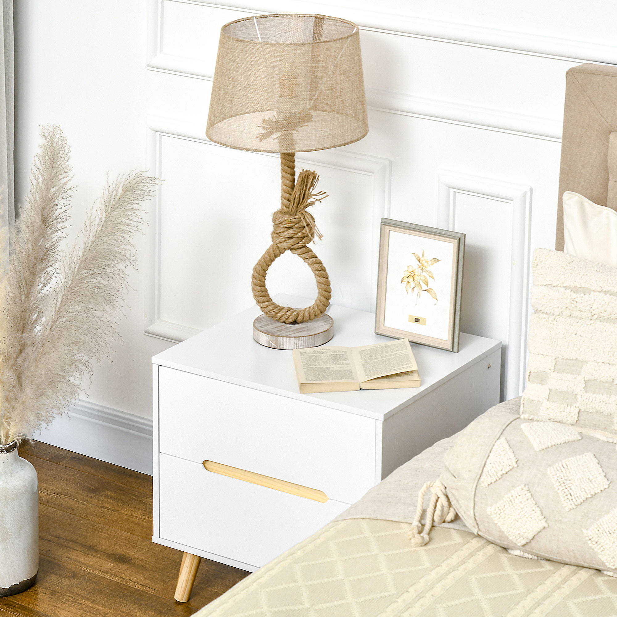 Nightstand, Bedside Table with 2 Drawers, Modern Side End Table with Solid Wood Legs for Bedroom, White - Image 5