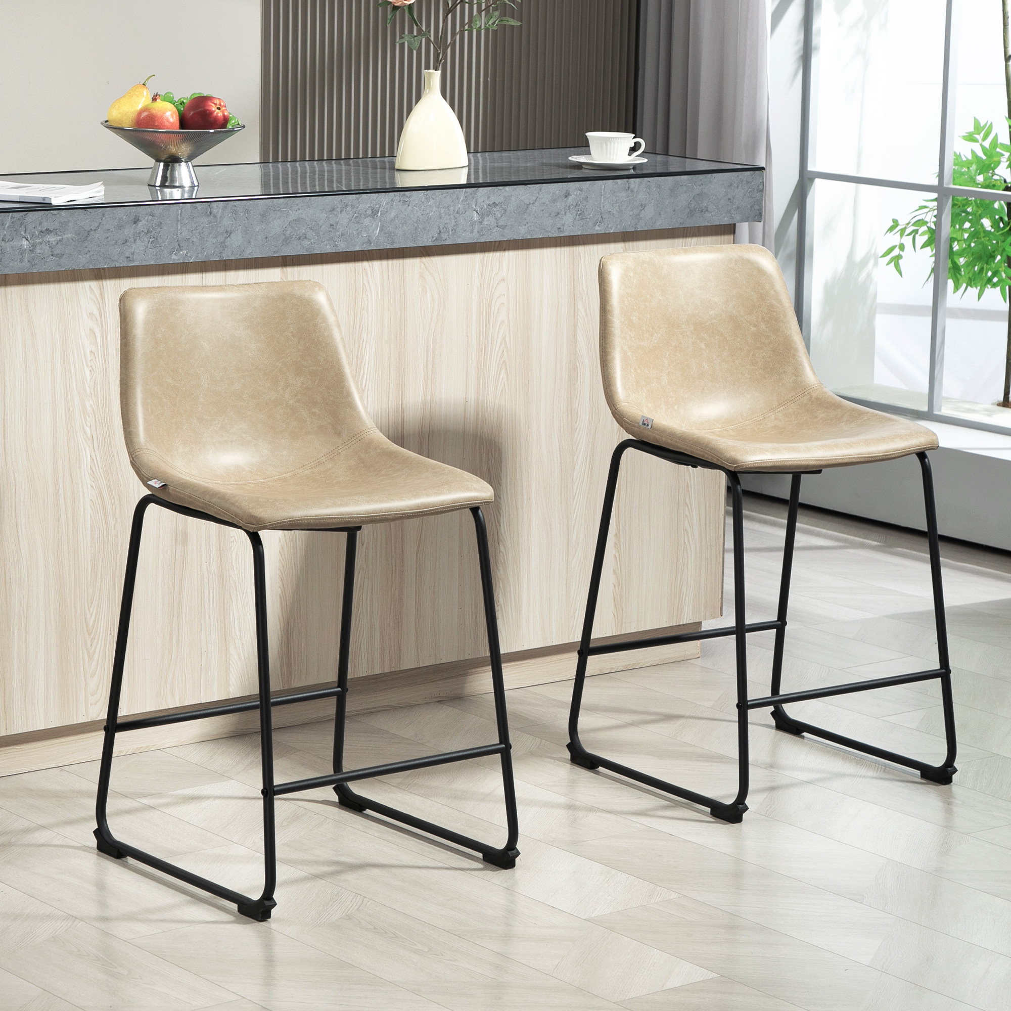 Counter Height Bar Stools Set of 2, Vintage PU Leather Bar Chairs, Kitchen Stool with Footrest, Beige - Image 6