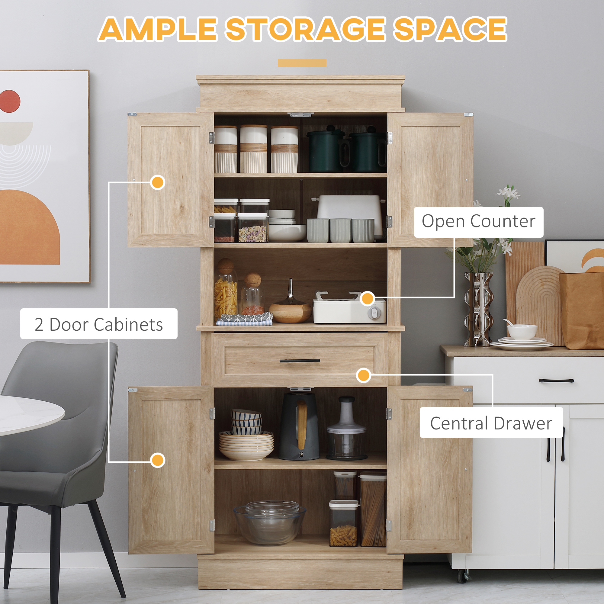 Modern Freestanding Kitchen Pantry Cabinet with Doors Open Shelves Adjustable Shelving Microwave Space, Oak - Image 2