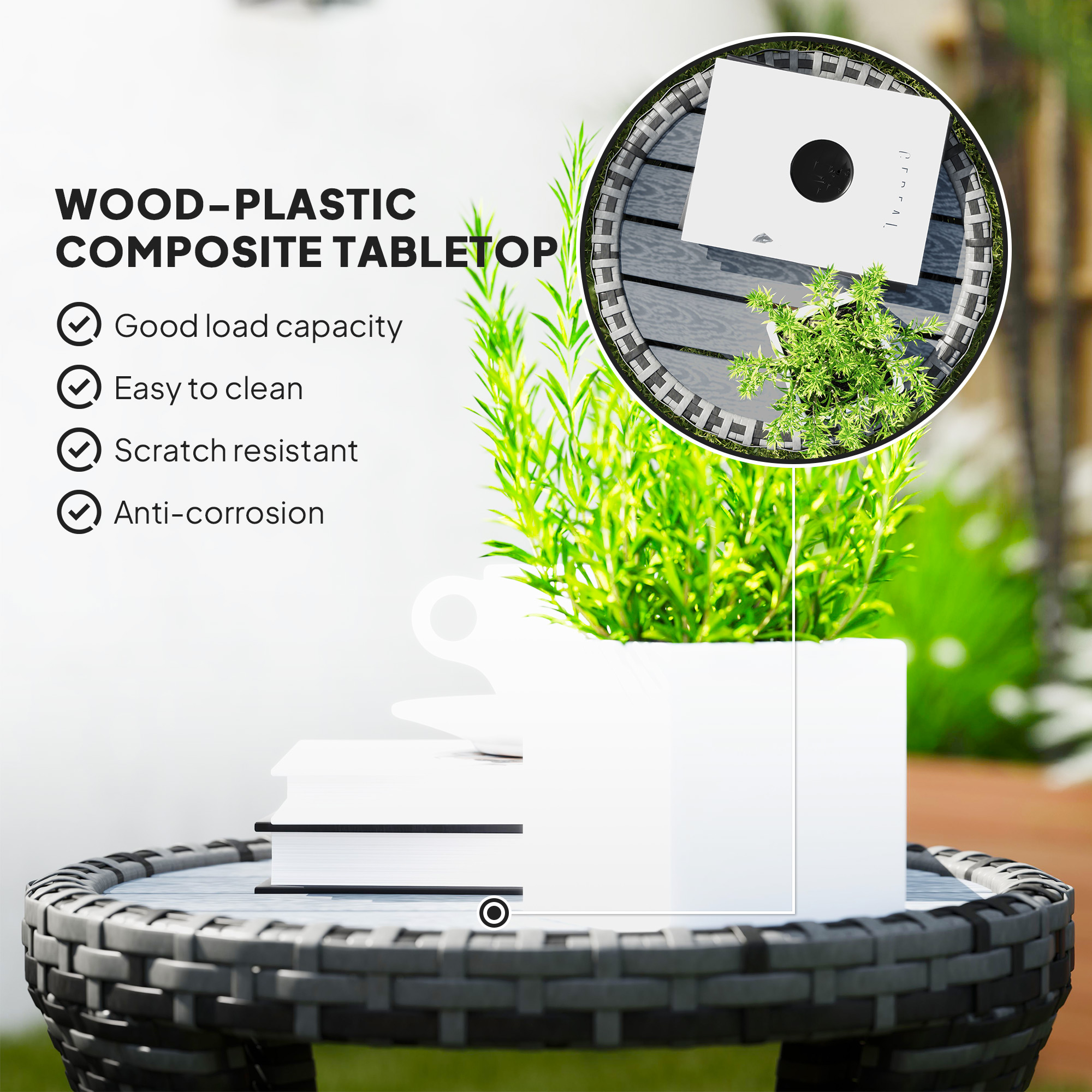 18" Wicker Outdoor Coffee Table, PE Rattan Patio Side Table with 2-Tier Storage, Composite Wood Top, Grey - Image 5