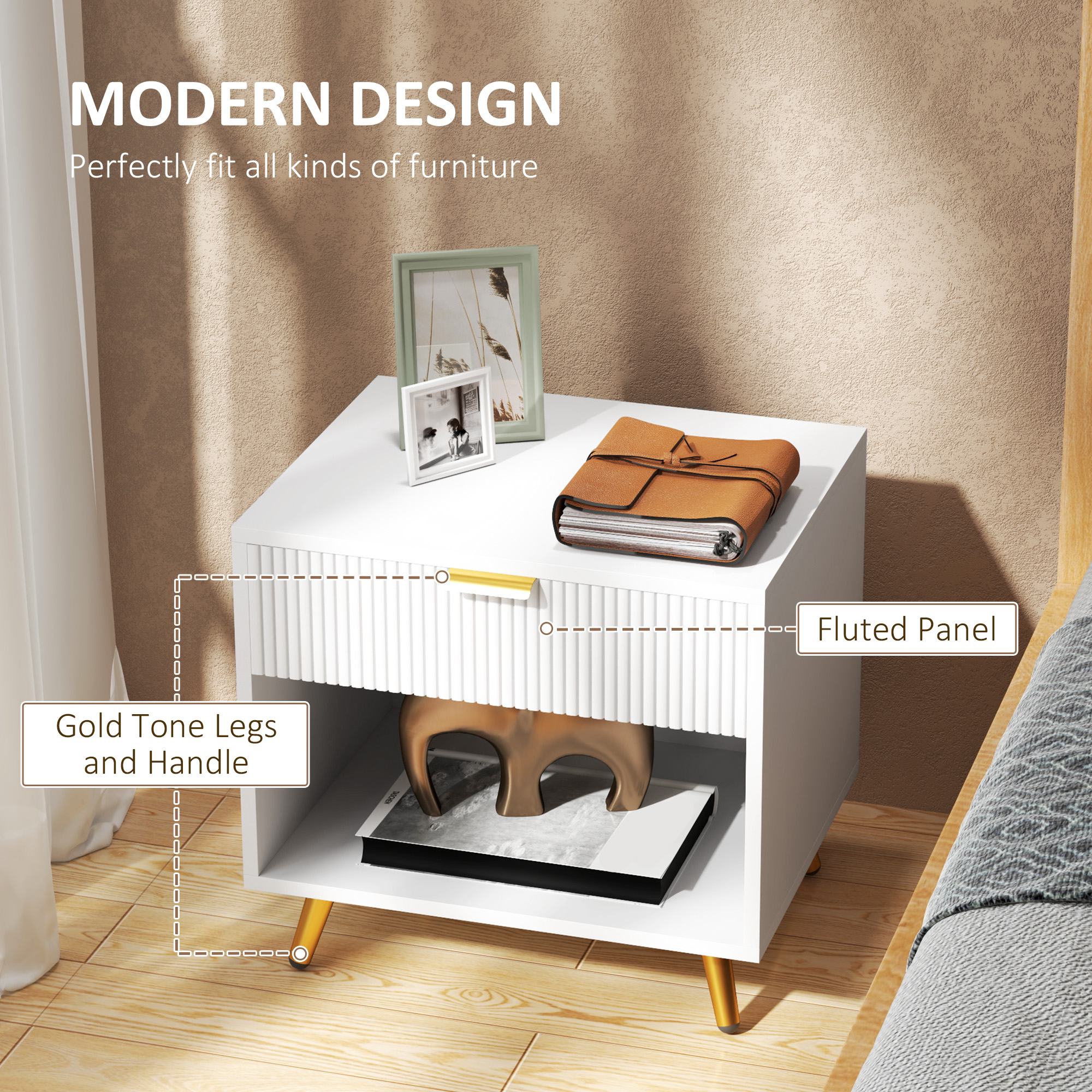 Nightstand with Fluted Panel, Bedside Table with Drawer and Open Compartment, Modern Night Table for Bedroom, White - Image 2