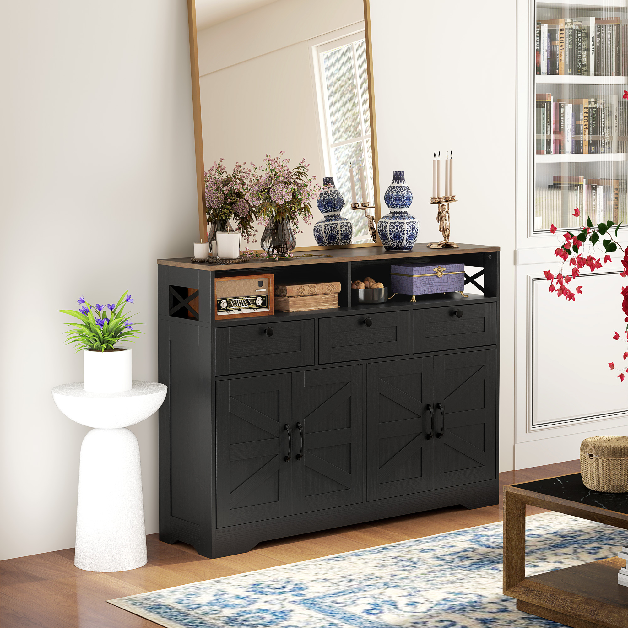 Sideboard, Buffet Cabinet with 4 Barn Doors and 3 Drawers, Coffee Bar Cabinet with Adjustable Shelves, Black - Image 5
