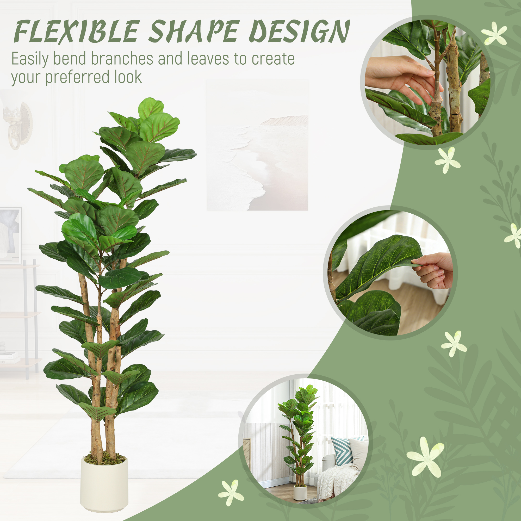 5FT Artificial Fiddle Leaf Fig Tree, Fake Potted Tree with Solid Wood Trunks for Indoor Decor, Green - Image 4
