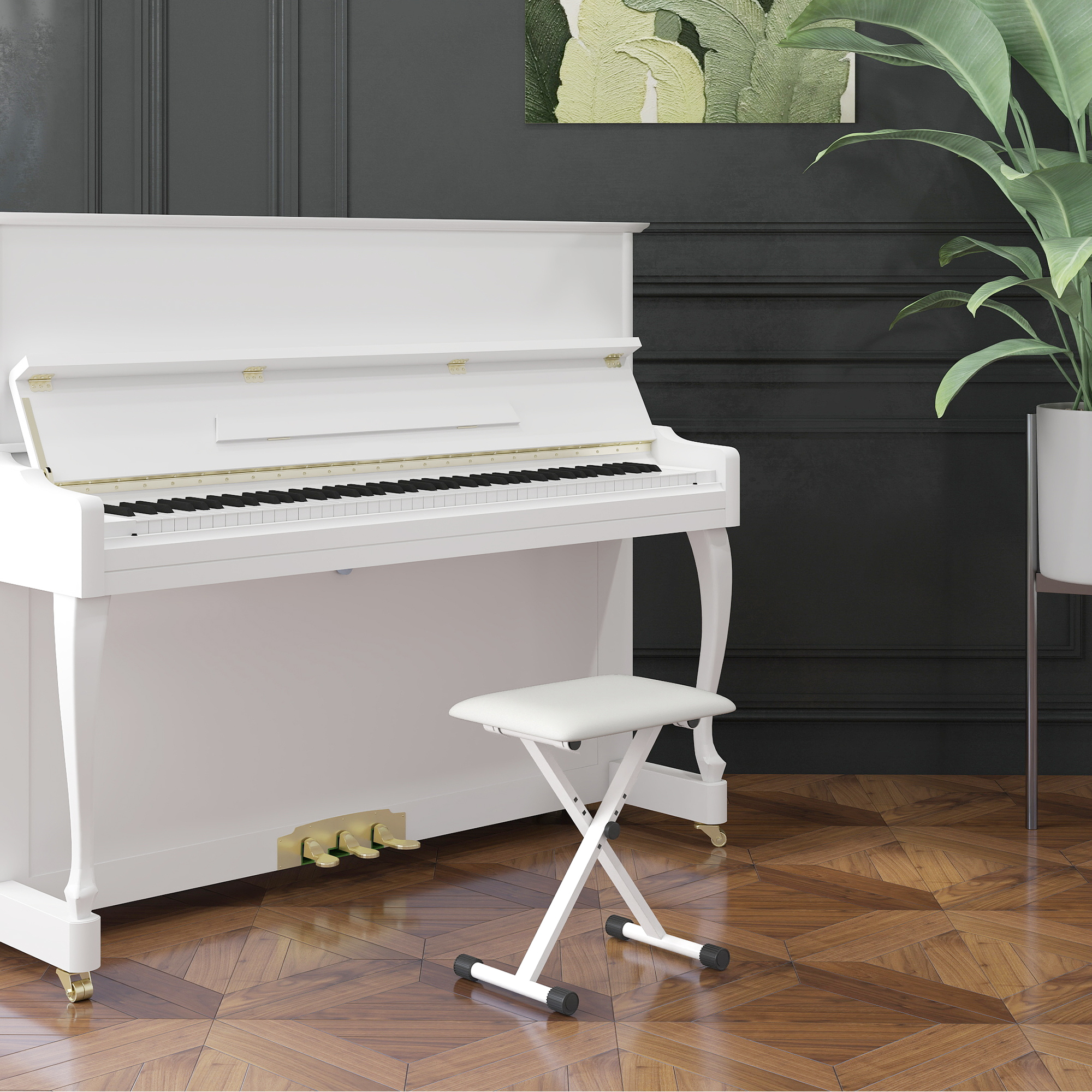 Adjustable Piano Bench, X-Style Folding Piano Stool with Padded Seat, Non-Slip Rubber Feet, Keyboard Chair, White - Image 6