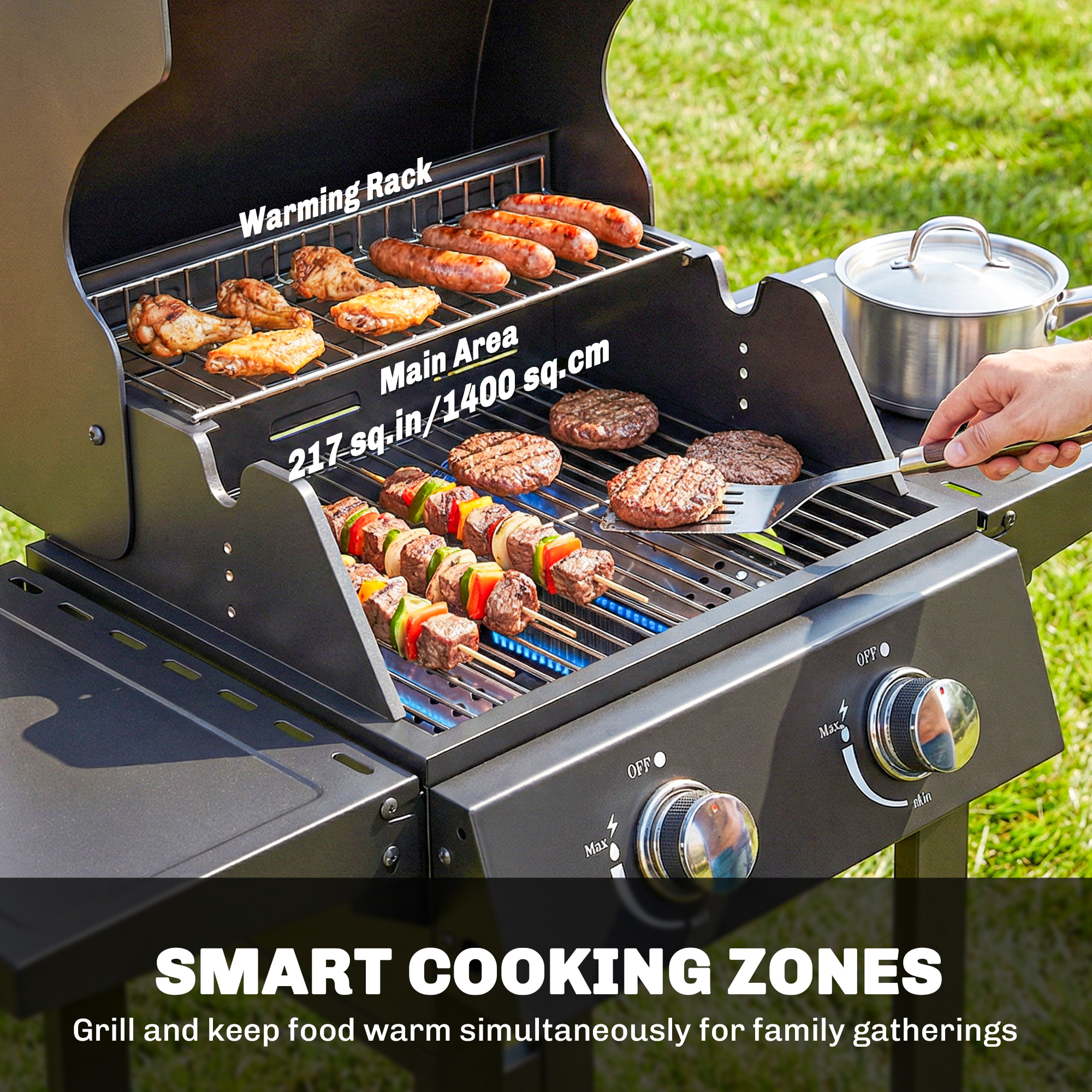 2 Burner Propane Gas Grill with Wheels, 18,400 BTU Portable BBQ Grill with Foldable Side Shelves, Warming Rack, Black - Image 4