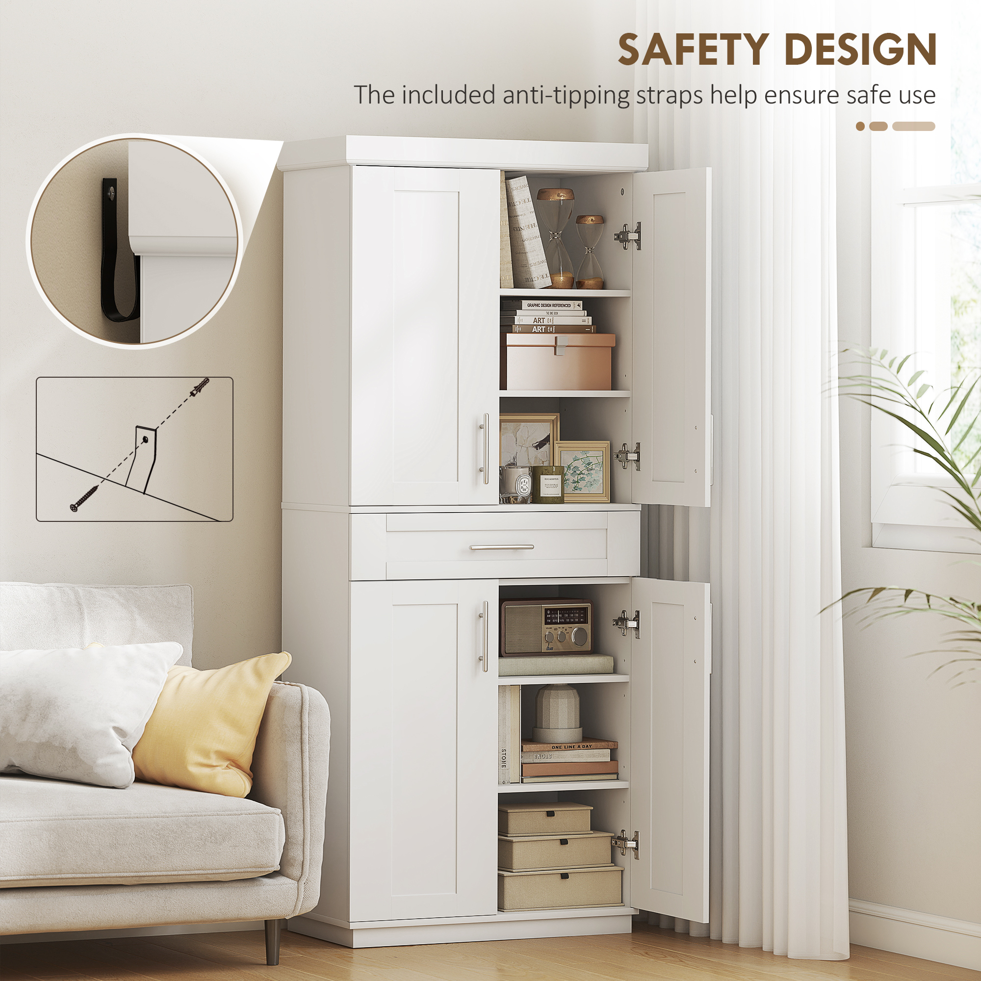 72" Storage Cabinet, Freestanding Kitchen Pantry Cabinet with 4 Doors, Drawer and 3 Adjustable Shelves, White - Image 4