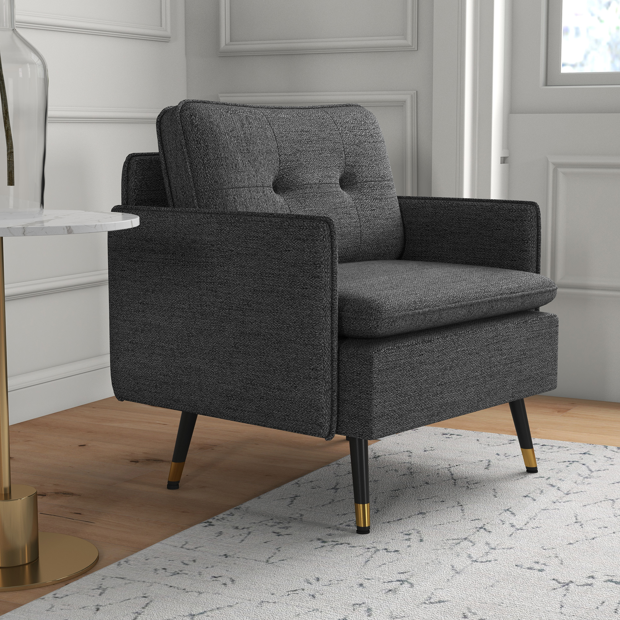 Accent Chair, Upholstered Armchair with Tufted Back Cushion and Steel Legs for Living Room, Bedroom, Dark Grey - Image 5