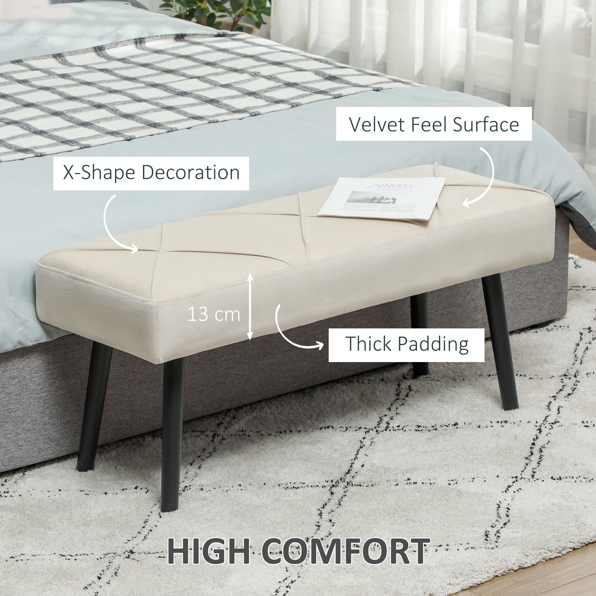 39 Inches Upholstered Bedroom Bench, Modern End of Bed Bench with Steel Legs, Cream White - Image 2