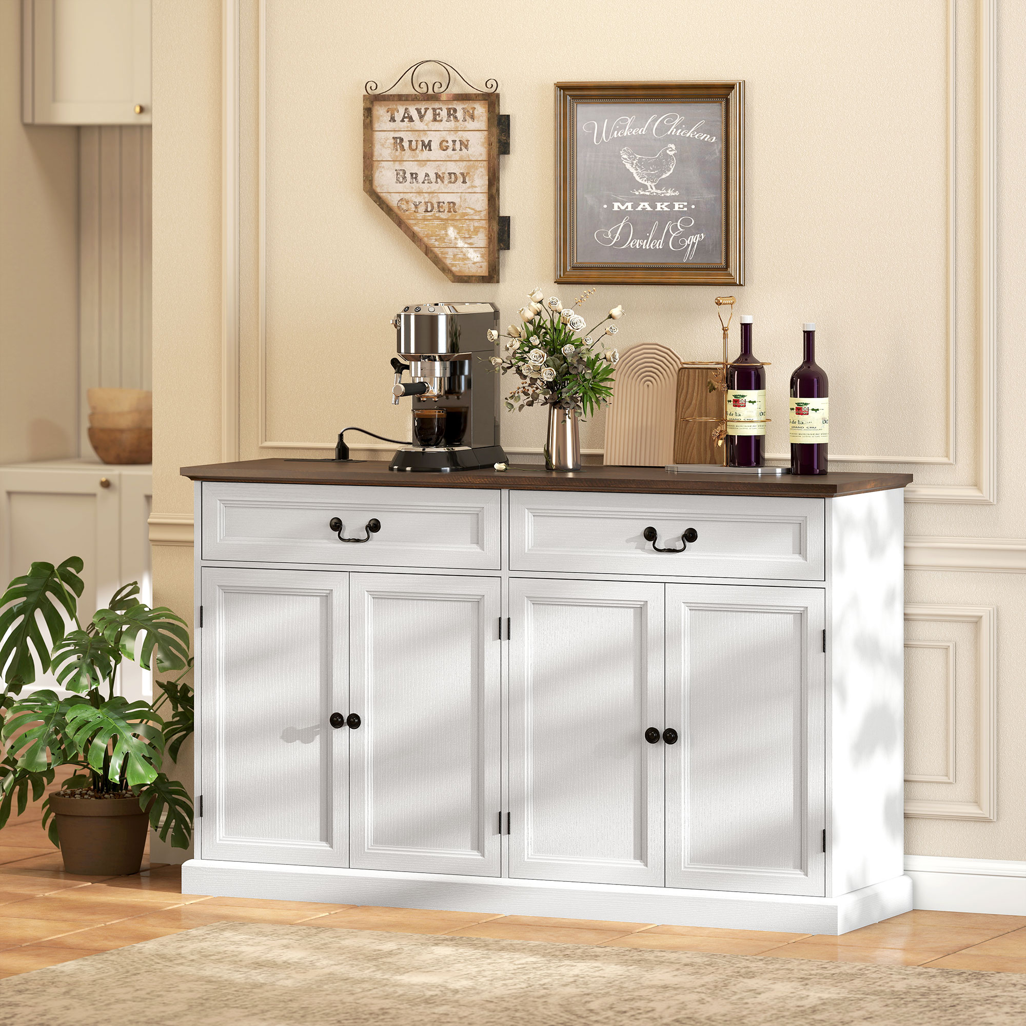 Buffet Cabinet, 55" Farmhouse Sideboard with Charging Station, 2 Drawers and 2 Adjustable Shelves, White Wood Grain - Image 6