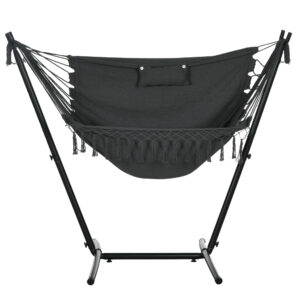 Patio Hammock Chair with Stand, Outdoor Hammock Swing Hanging Lounge Chair with Side Pocket and Headrest, Dark Grey