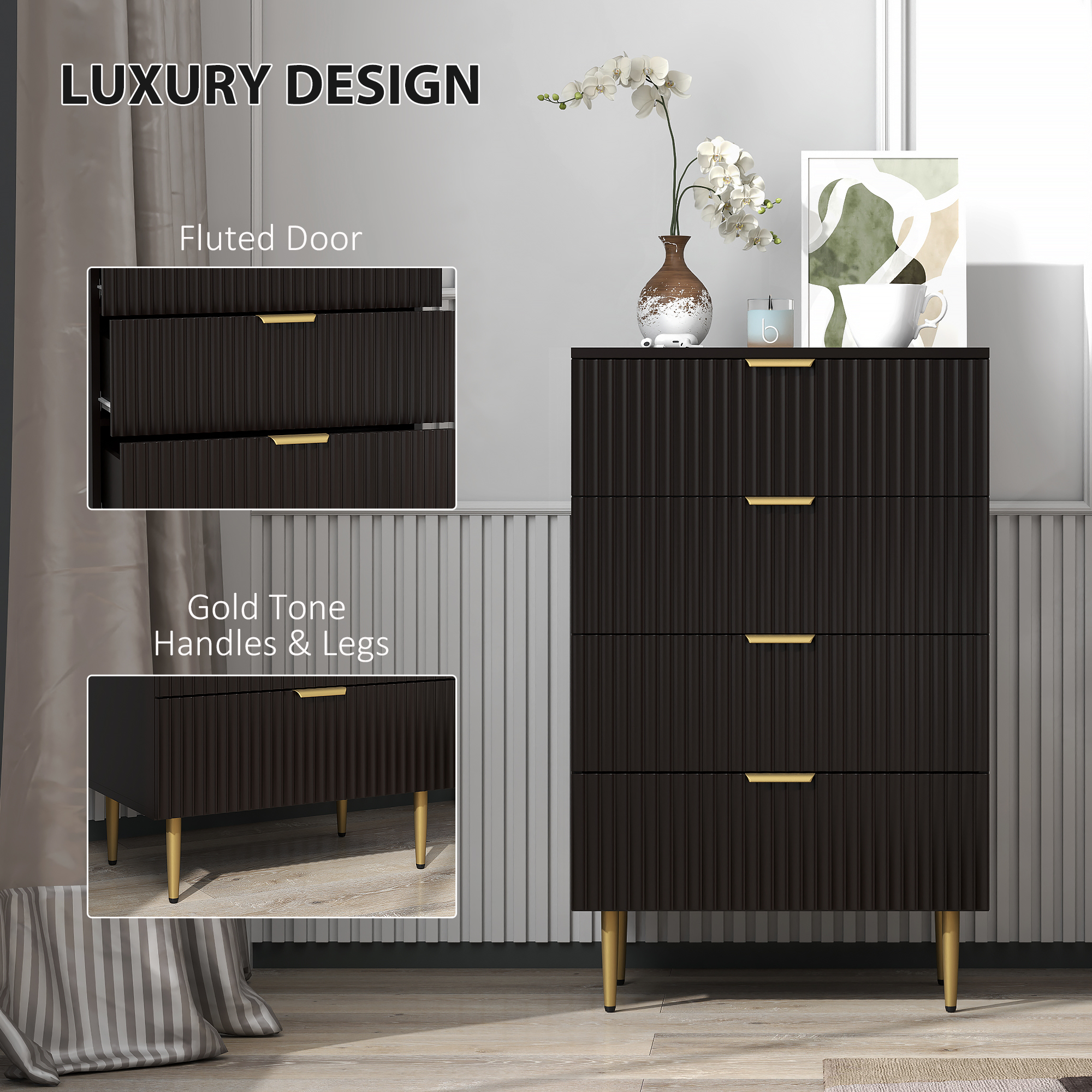 Modern Chest of Drawers 4 Drawer Dresser for Bedroom with Gold Legs and Handles, Black - Image 3