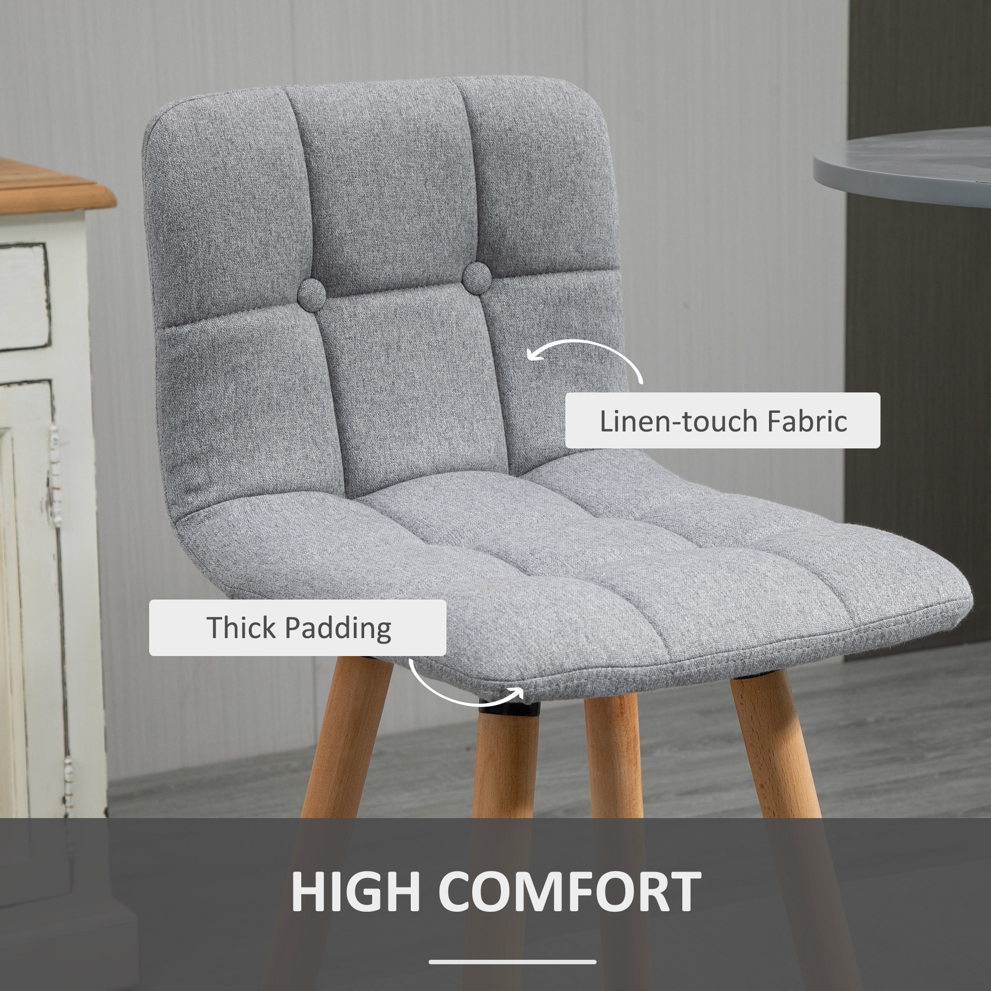 Modern Bar Stools Set of 2, 38" Upholstered Kitchen Island Stool with Solid Wood Legs, Grey - Image 3