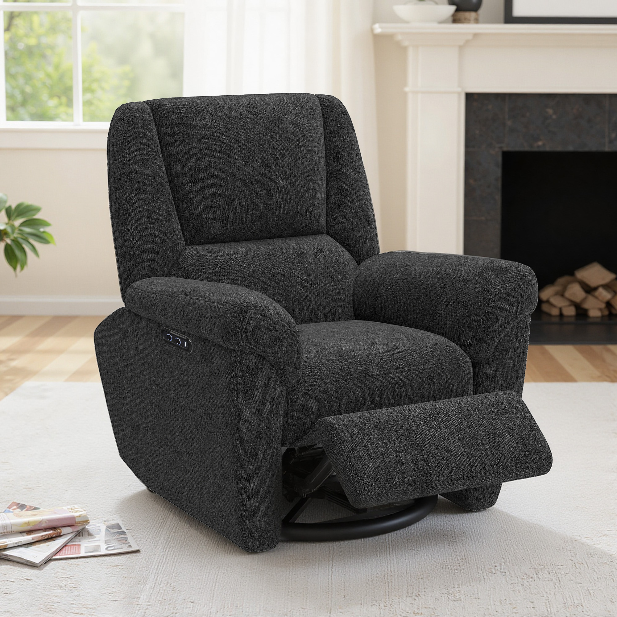 Power Recliner Chair, Fabric Upholstered Recliner Chair with USB Ports, Swivel and Rocking Function, Footrest, Black - Image 6