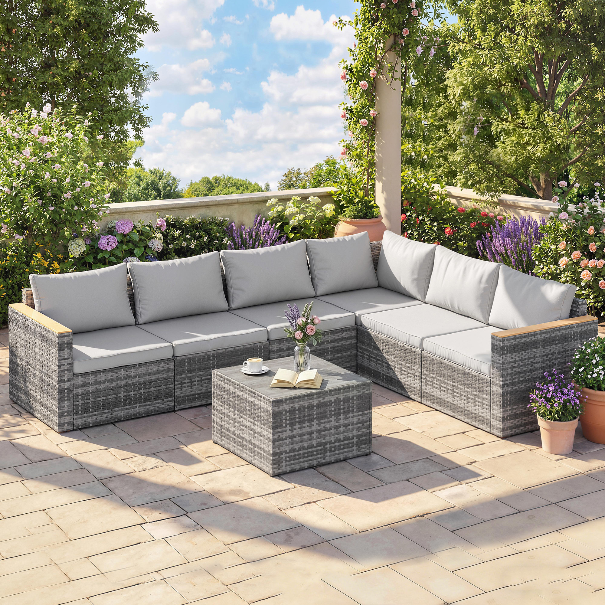 7 Piece Patio Furniture Set, L-Shaped Wicker Outdoor Sectional Sofa with Faux Wood Coffee Table, Cushions, Light Grey - Image 6