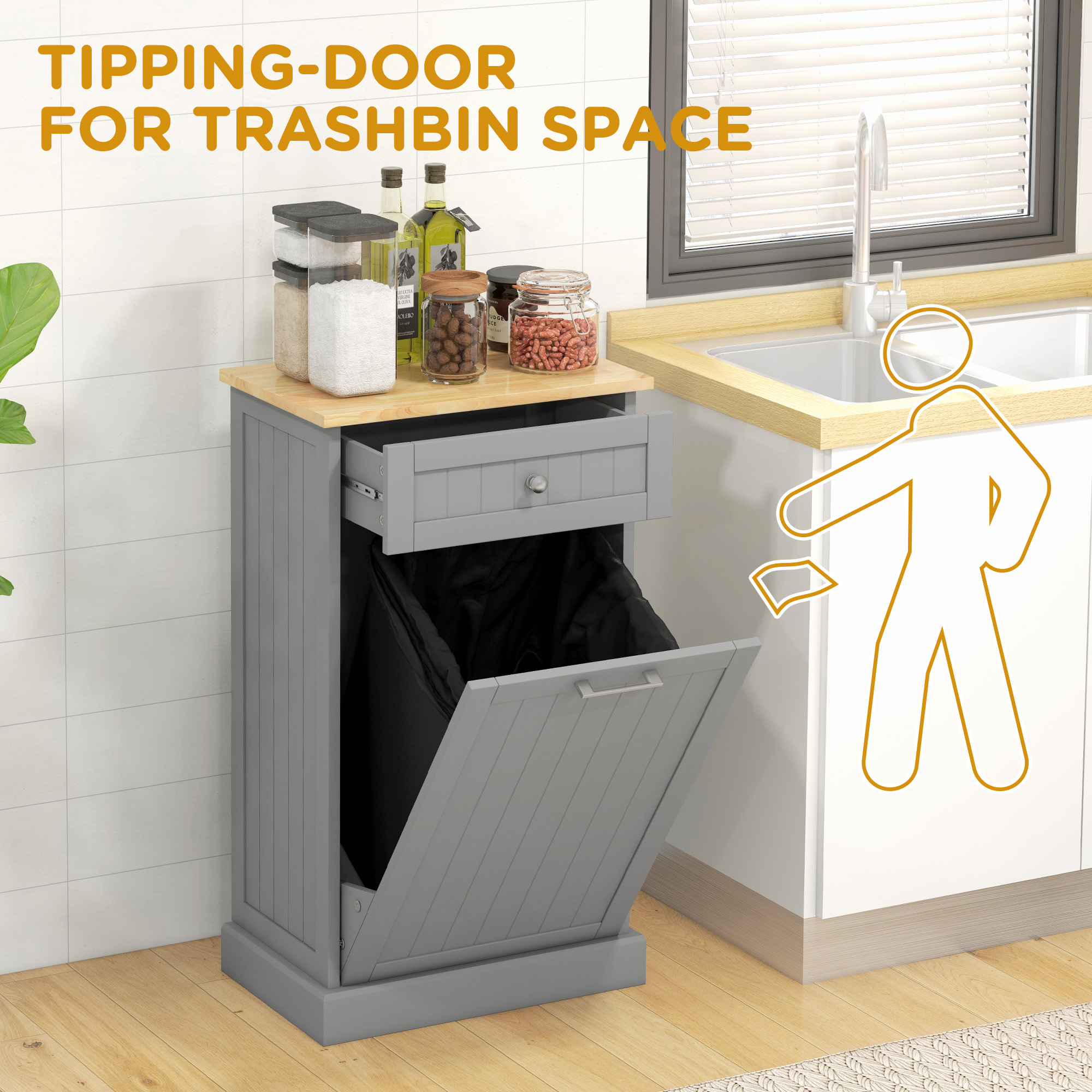 Kitchen Tilt Out Trash Bin Cabinet, Free Standing Recycling Cabinet, Trash Can Holder with Drawer, Grey - Image 2