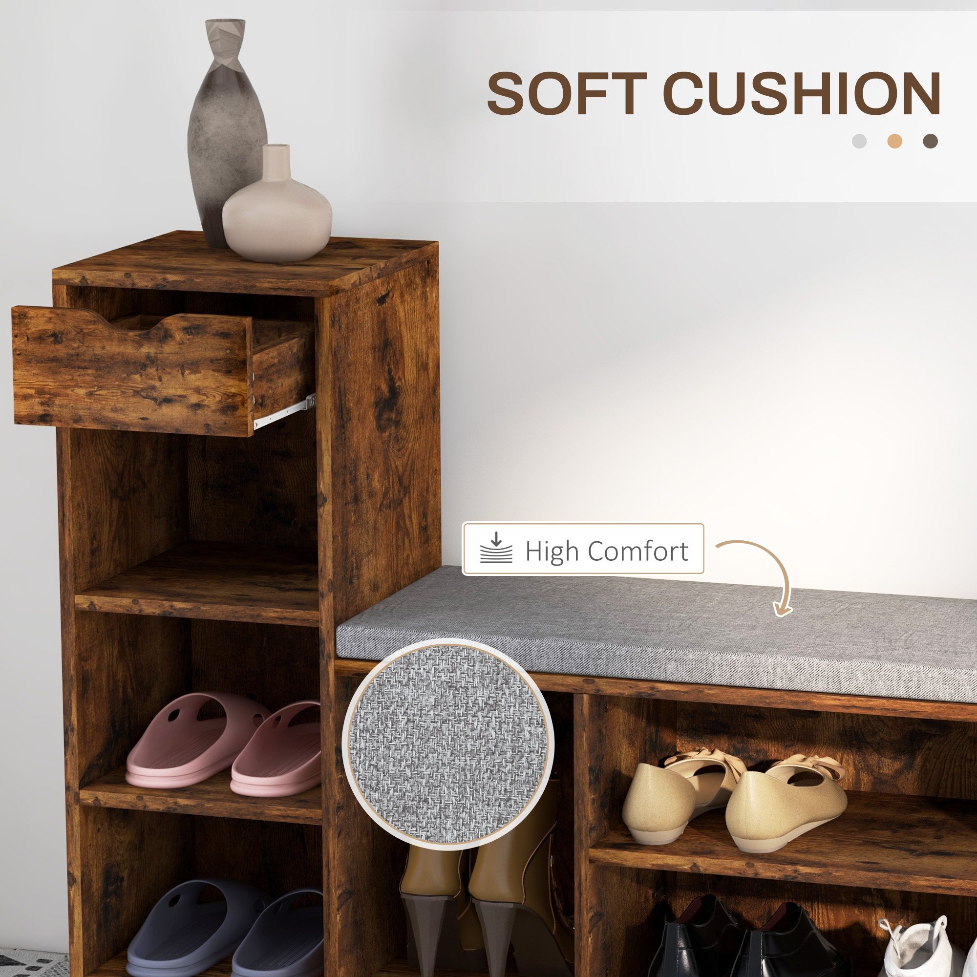 Upholstered Shoe Storage Bench w/ Seat, Entrance Bench w/ Drawer and 6 Open Shelves for Hallway, Rustic Brown - Image 4