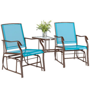 Outdoor Glider Chair with Table, 2-Seat Patio Glider Loveseat with Breathable Mesh Fabric, Blue