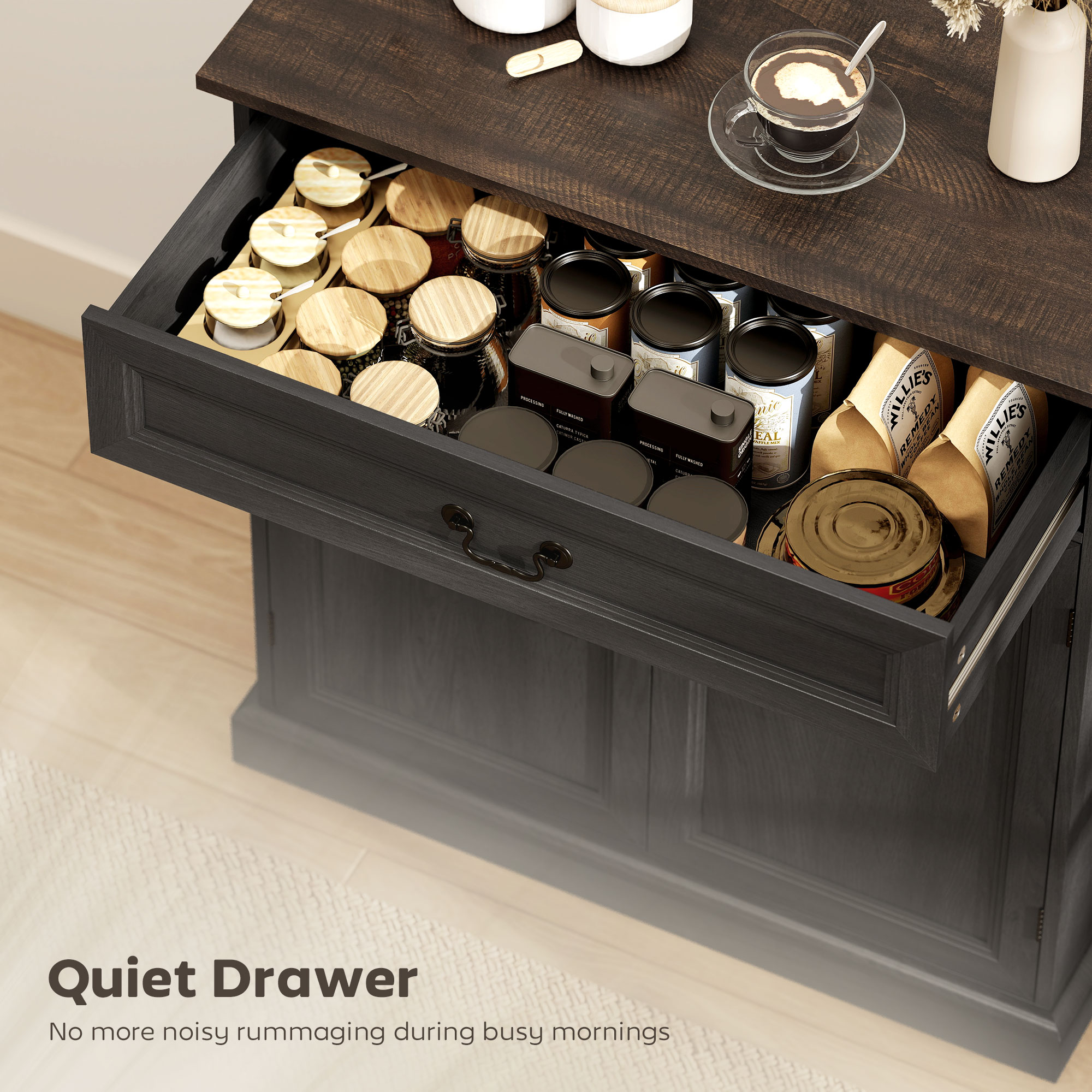 Buffet Cabinet, 32" Farmhouse Sideboard with Thick Top, Quiet Drawer and Adjustable Shelf, Black Wood Grain - Image 3