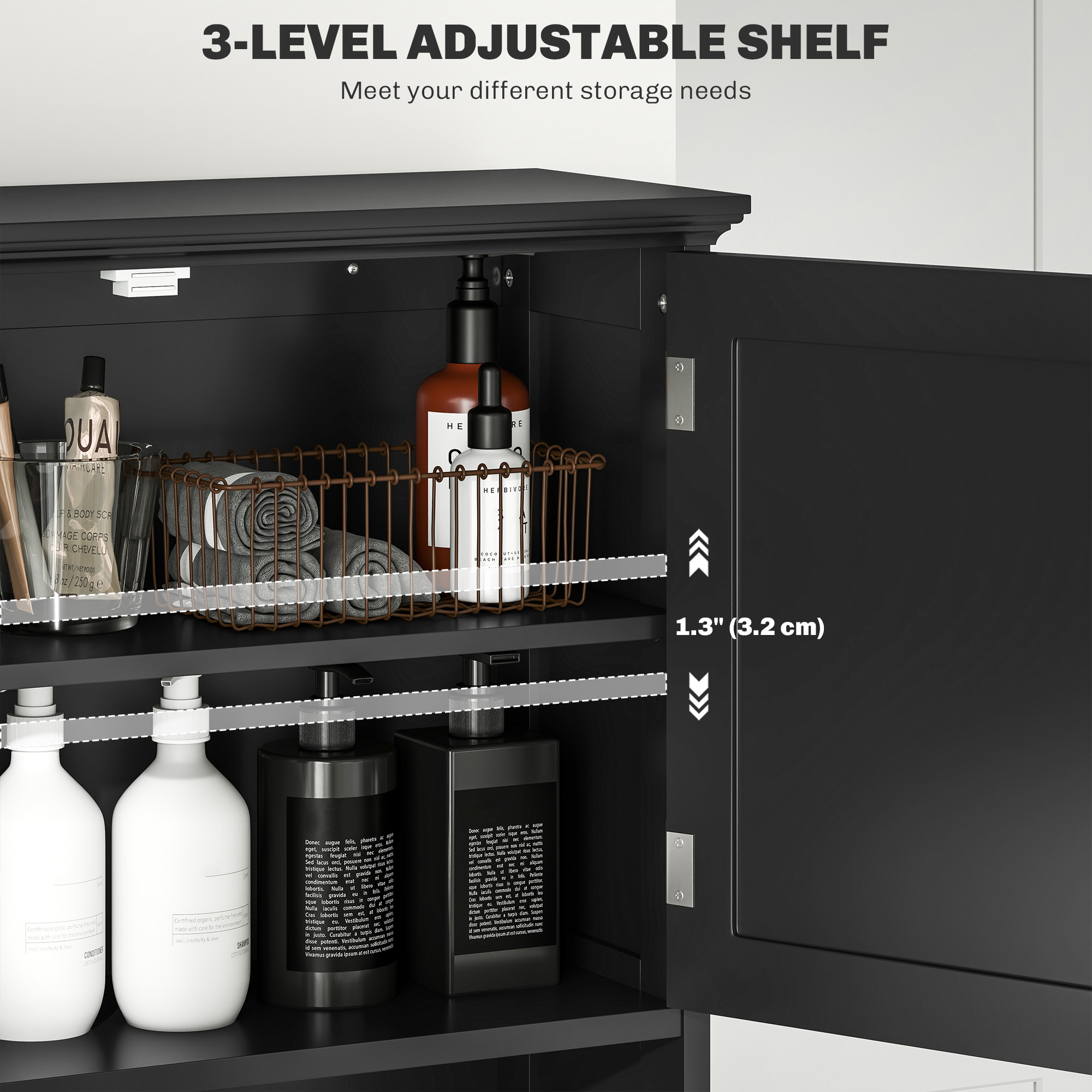 Modern Over The Toilet Storage, Bathroom Cabinets Over Toilet with Open Shelves and Double Door Cabinet, Black - Image 4
