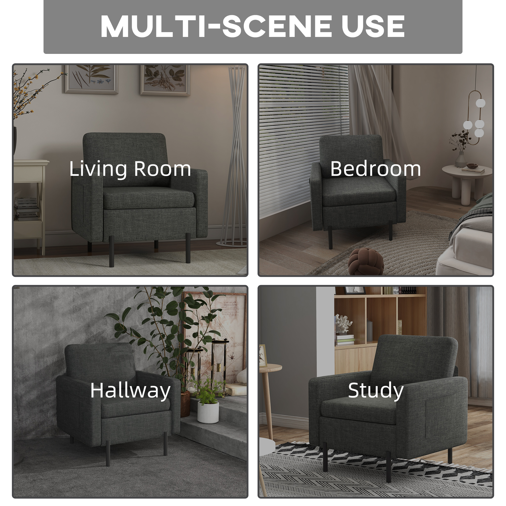 Armchair, Fabric Accent Chair, Modern Living Room Chair with Metal Legs, 2 Side Pockets for Bedroom, Grey - Image 4
