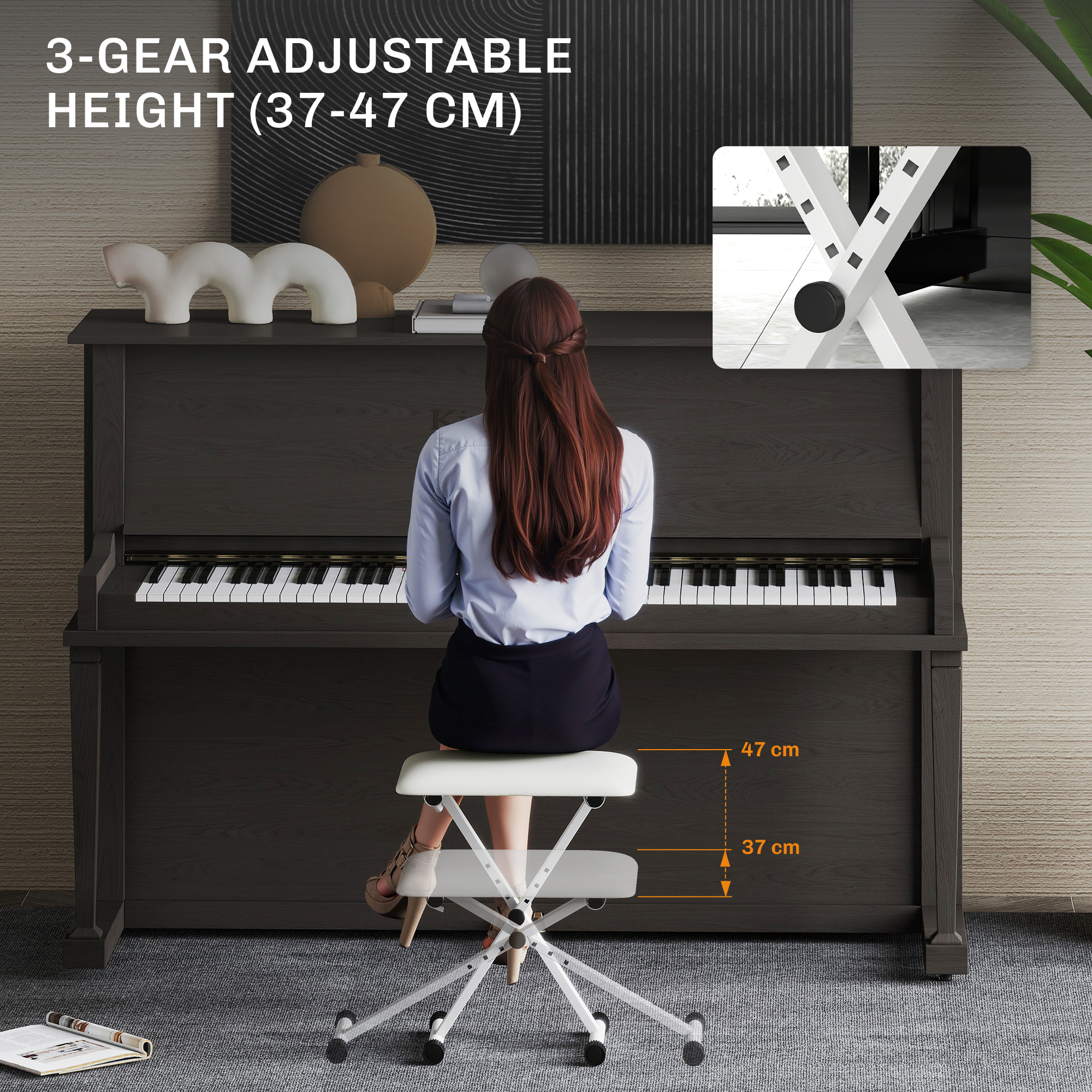 Adjustable Piano Bench, X-Style Folding Piano Stool with Padded Seat, Non-Slip Rubber Feet, Keyboard Chair, White - Image 3