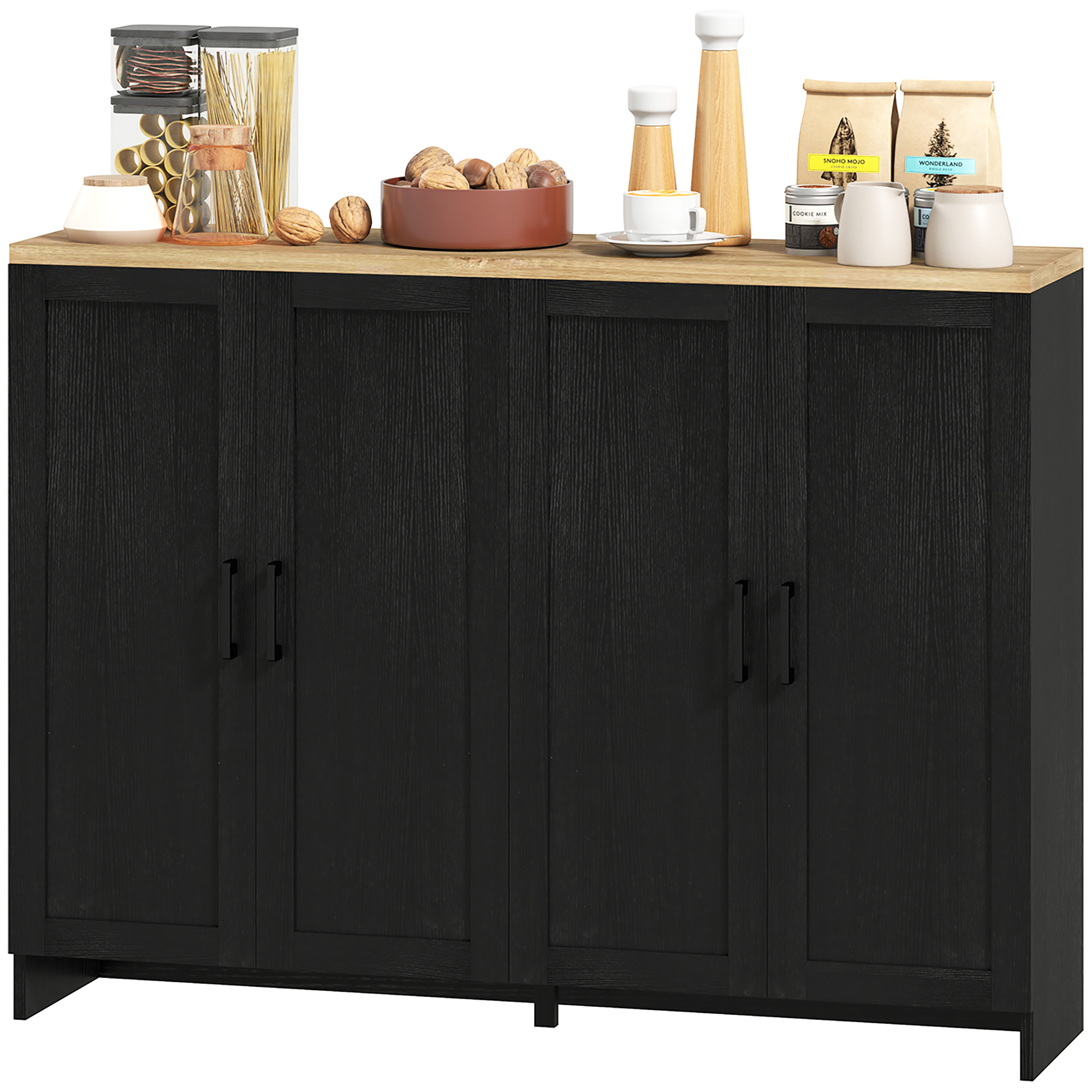 Modern Sideboard Buffet Cabinet, Modern Kitchen Storage Cabinet with 4 Doors Adjustable Shelves, for Dining Room, Black