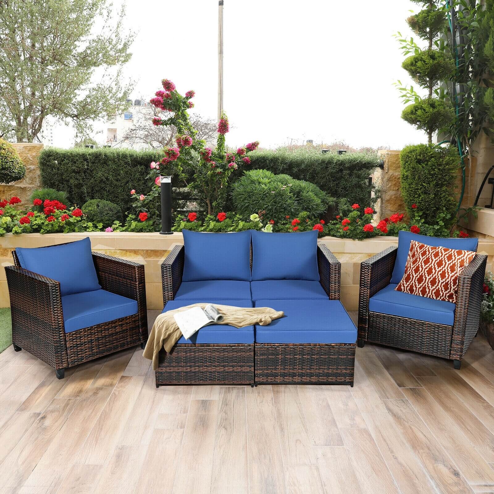 5 Pieces Patio Cushioned Rattan Furniture Set-Navy - Image 5