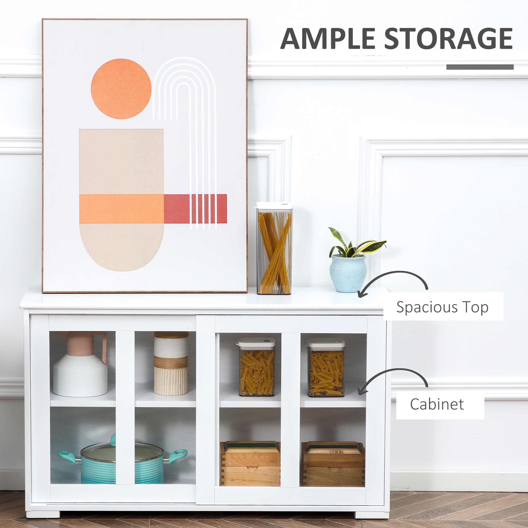 Modern Kitchen Sideboard, Stackable Storage Cabinet, Sliding Glass Door Console, Cupboard Serving Buffet for Kitchen & Dining Room, White - Image 2