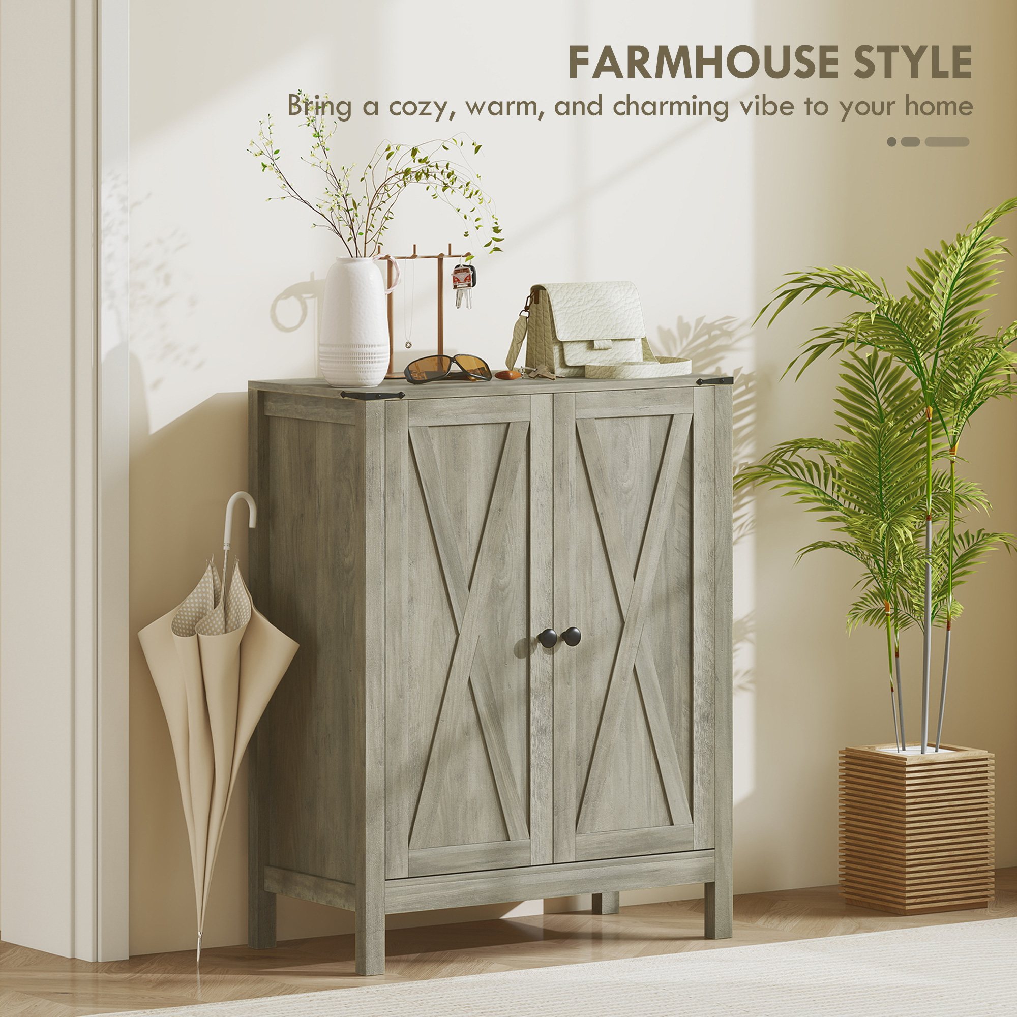 Shoe Cabinet with Barn Doors, Farmhouse Shoe Storage Cabinet with Adjustable Shelves, Holds up to 15 Pairs, Grey - Image 2