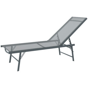 Folding Outdoor Lounge Chair, Reclining Chaise Lounge Tanning Chair w/ Adjustable Back, Mesh Seat, Light Grey