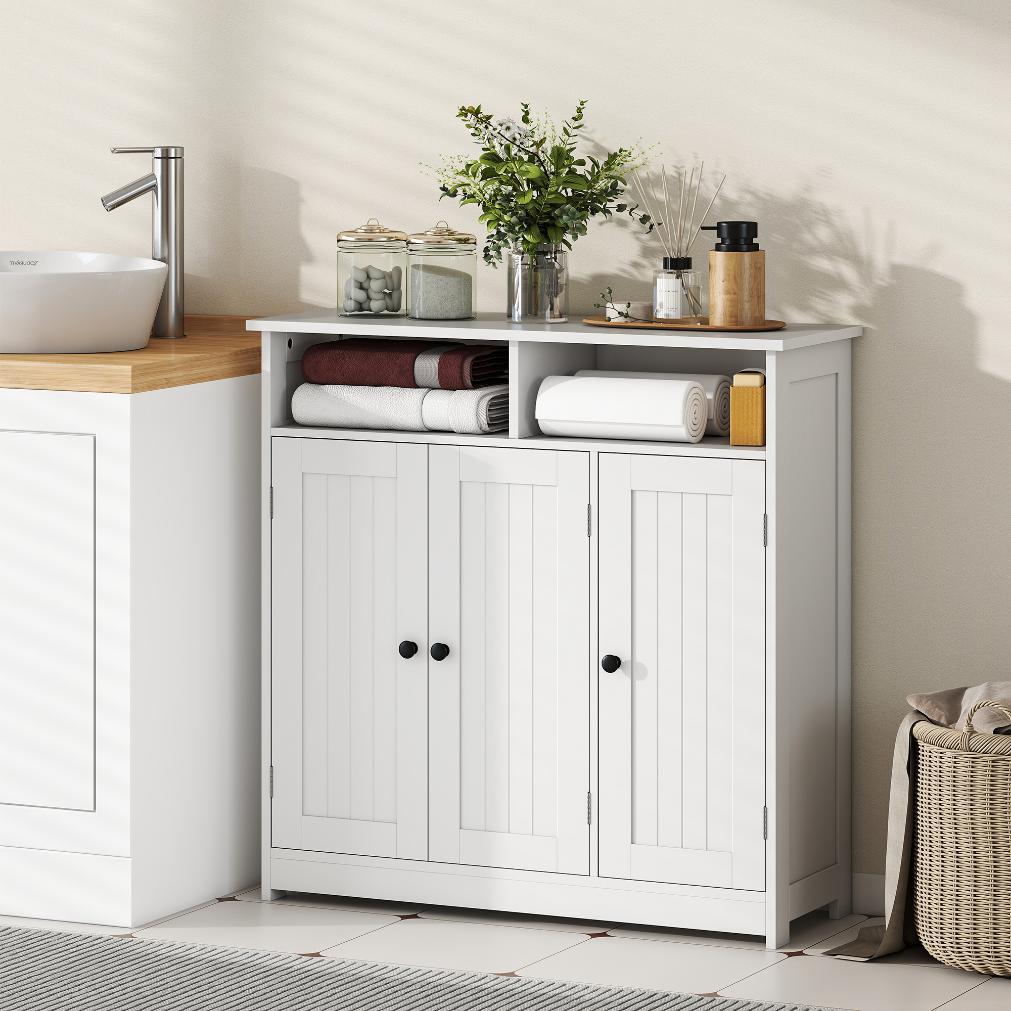 Bathroom Floor Cabinet, Freestanding Bathroom Storage Unit with 3 Doors, 2 Open Shelves and Adjustable Shelf, White - Image 5