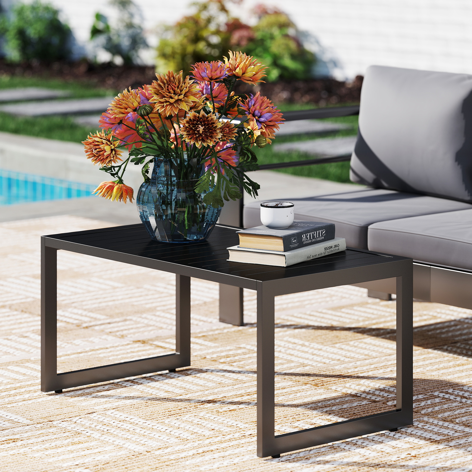 Outdoor Coffee Table, Patio Coffee Table with Slatted Tabletop, Adjustable Foot Pads for Garden, Patio, Lawn, Black - Image 6
