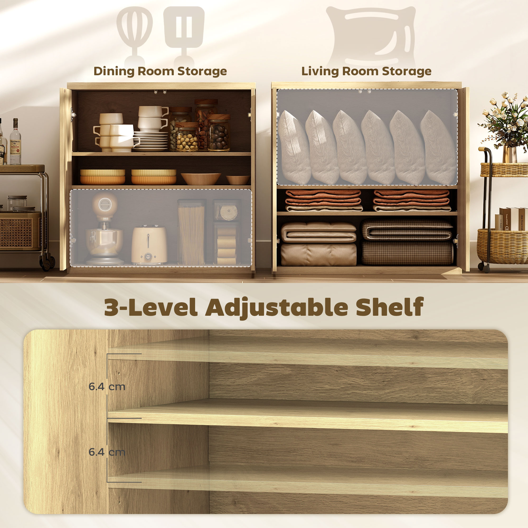 Sideboard Buffet Cabinet, 30.7" Modern Kitchen Storage Cabinet with Soft-Close Door and Adjustable Shelves, Oak - Image 3