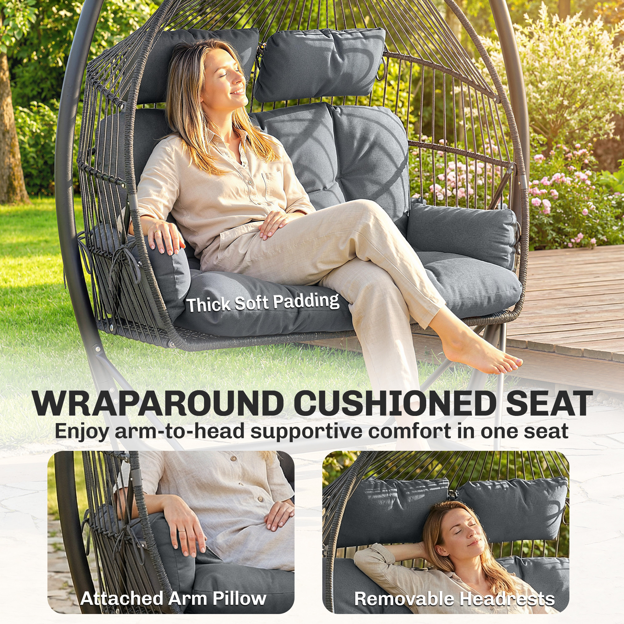 Hanging Double Egg Chair Outdoor Egg Swing Chair with Canopy, Cushion, Stand, Dark Grey - Image 4