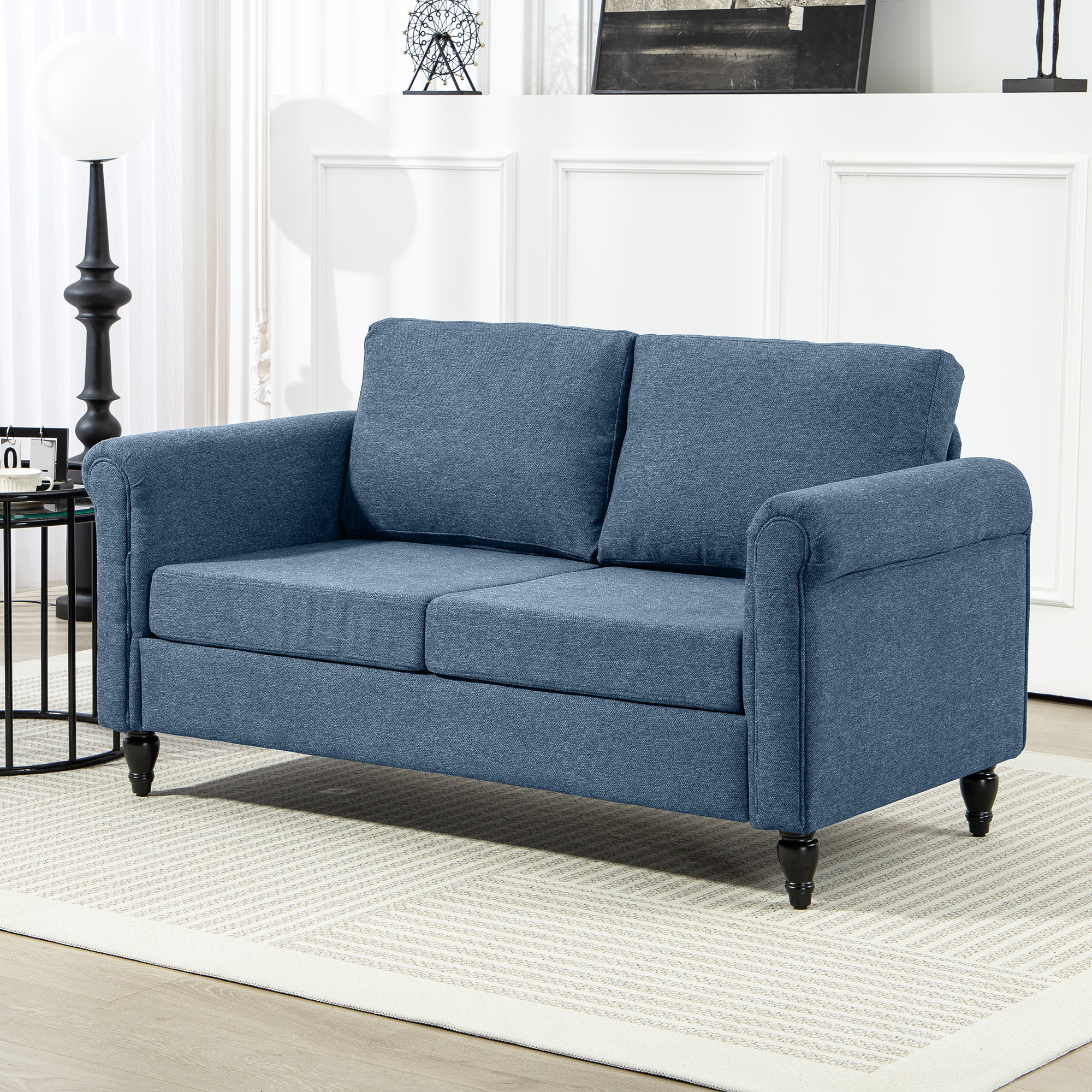 Vintage Loveseat, Upholstered Love Seat Furniture, Fabric 2 Seater Sofa with Rolled Arms, Rubber Wood Legs, Dark Blue - Image 5