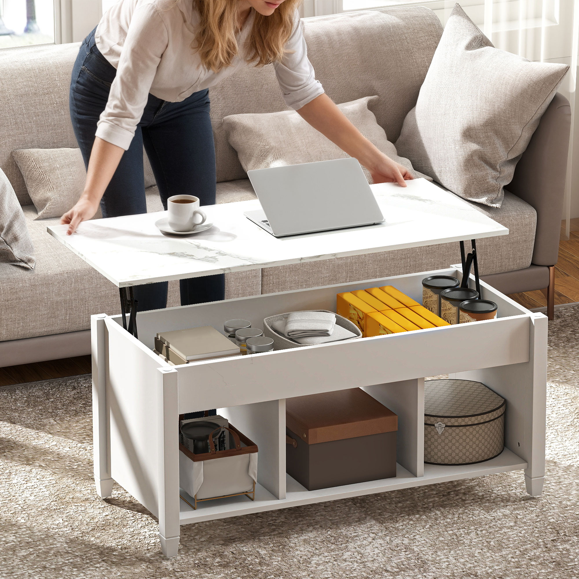 Lift Top Coffee Table, Modern Center Table with Storage Shelves and Hidden Compartment for Living Room, 41" L, White - Image 5