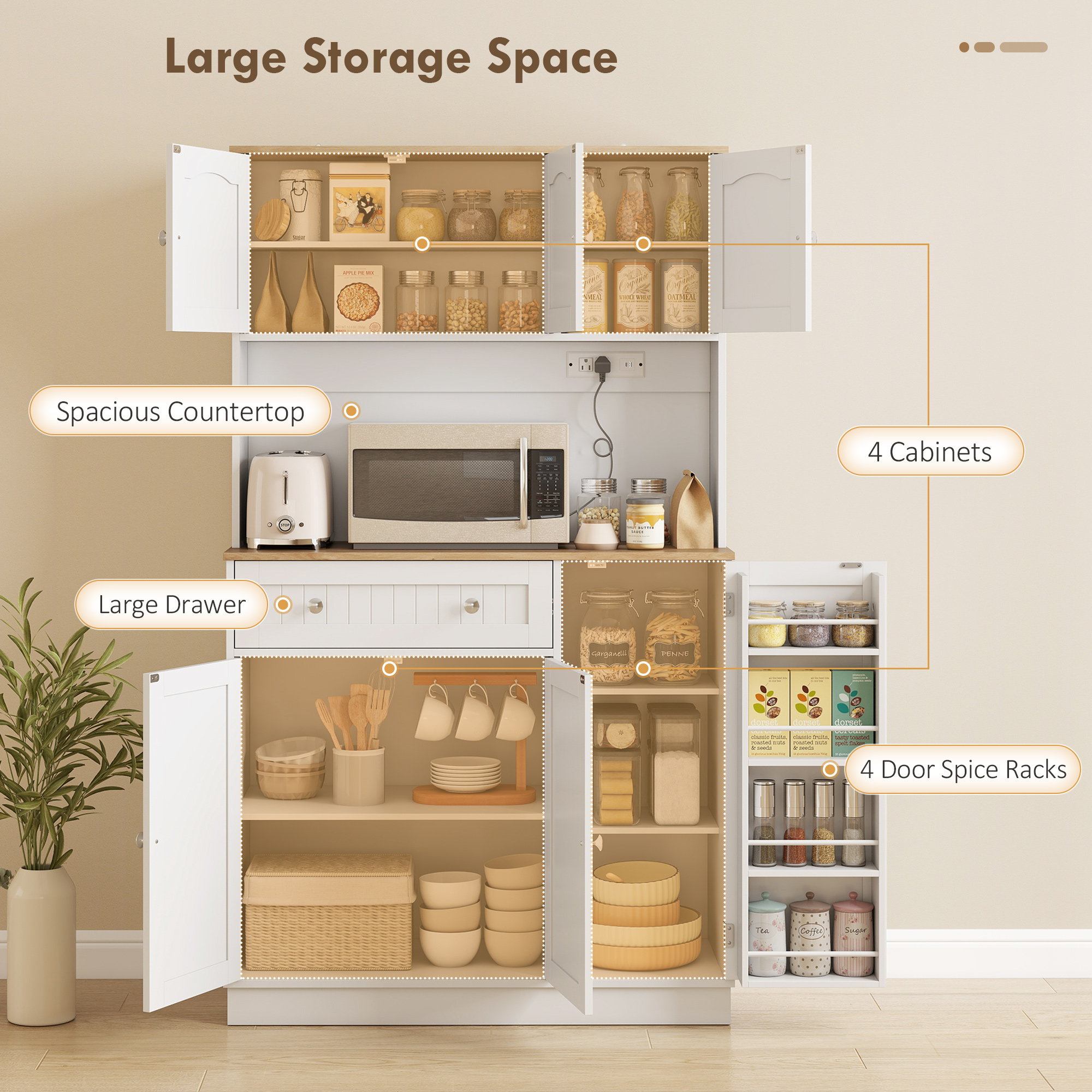 68" Pantry Cabinet with Charging Station, Kitchen Storage Cabinet with Microwave Stand, 4 Door Racks, White - Image 2