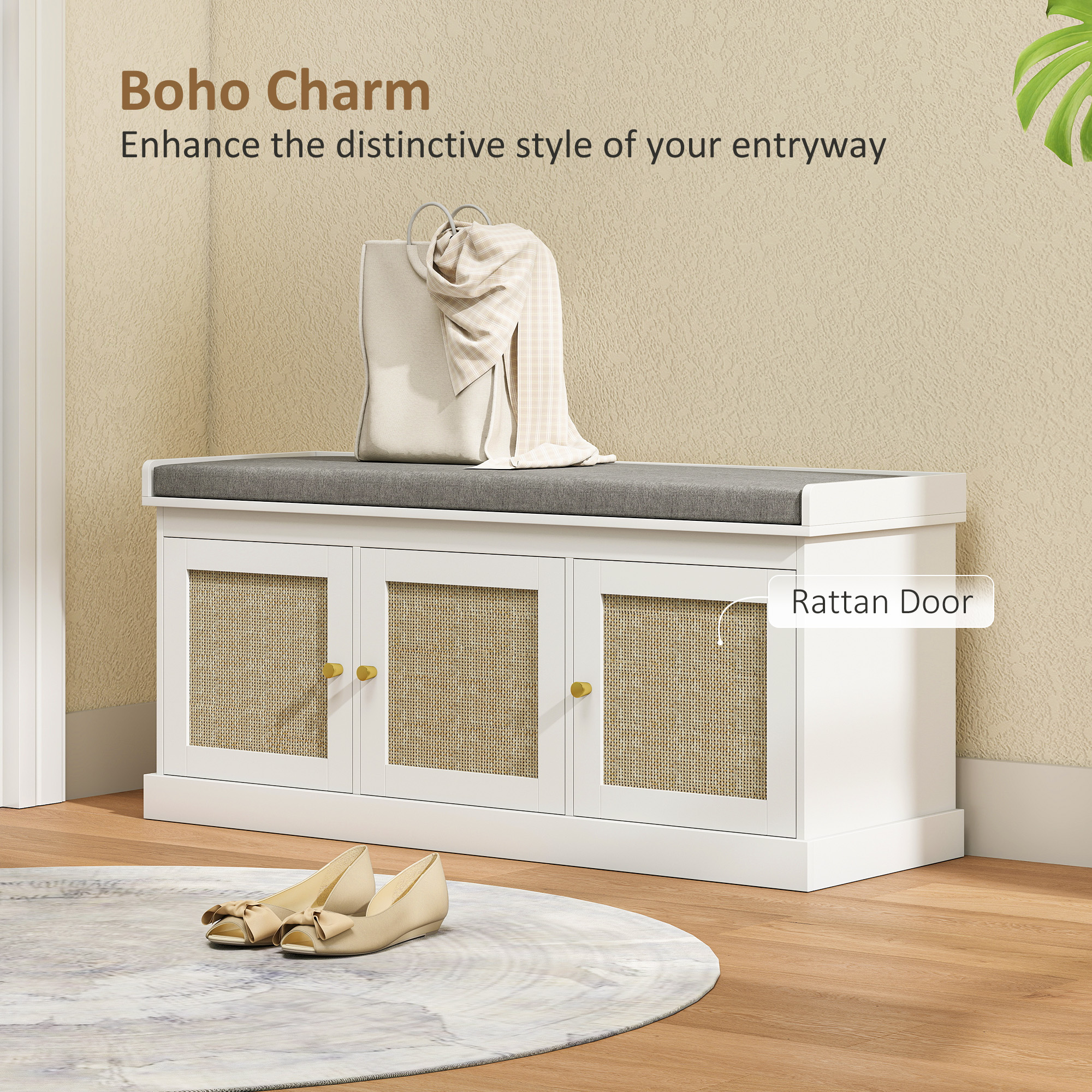 Shoe Storage Bench with Woven Rattan Doors, Shoe Bench with Cushion, Adjustable Shelves, Entryway Bench, White - Image 2
