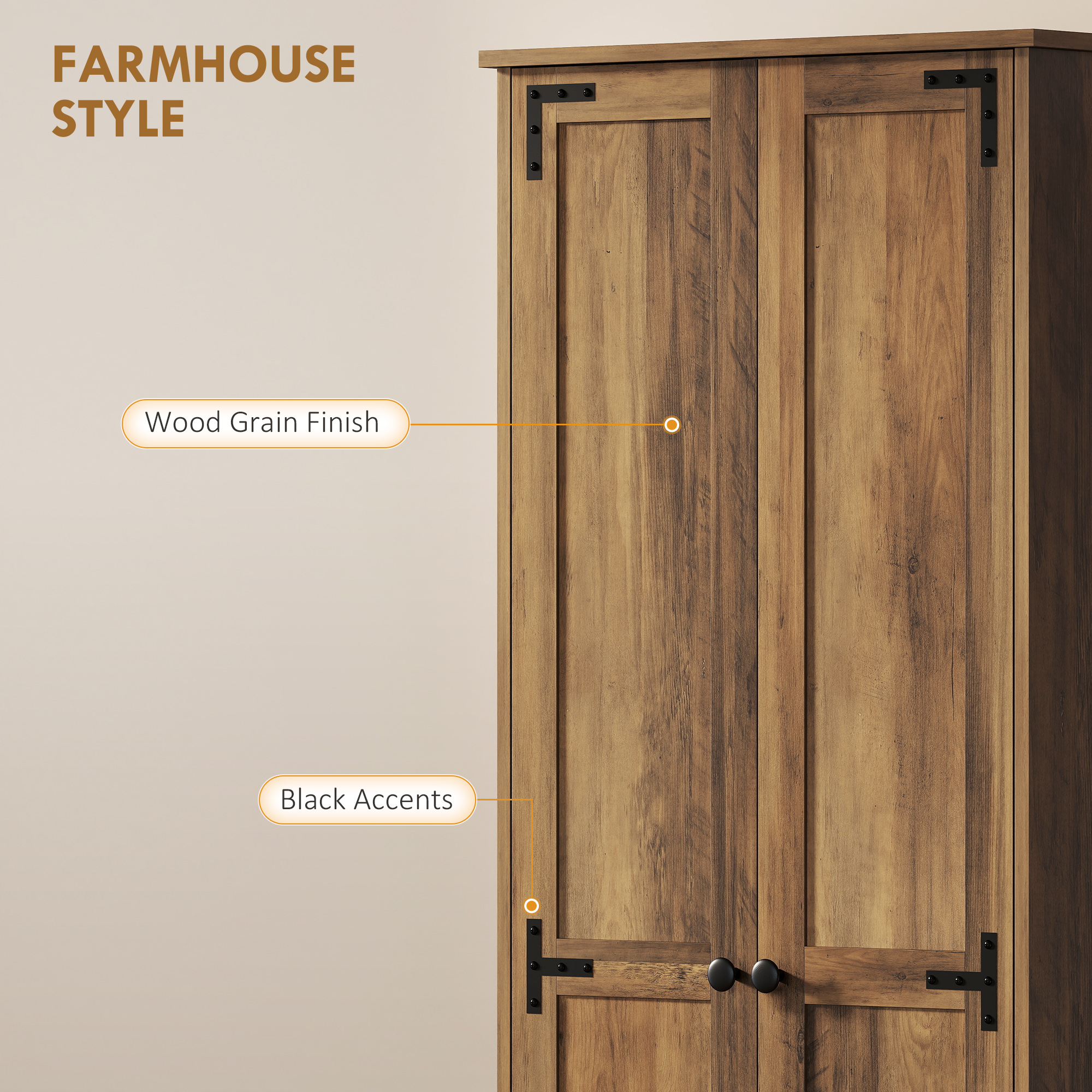 67" Farmhouse Pantry Cabinet with 2 Doors, Tall Storage Cabinet with Adjustable Shelves, Brown Wood Grain - Image 4