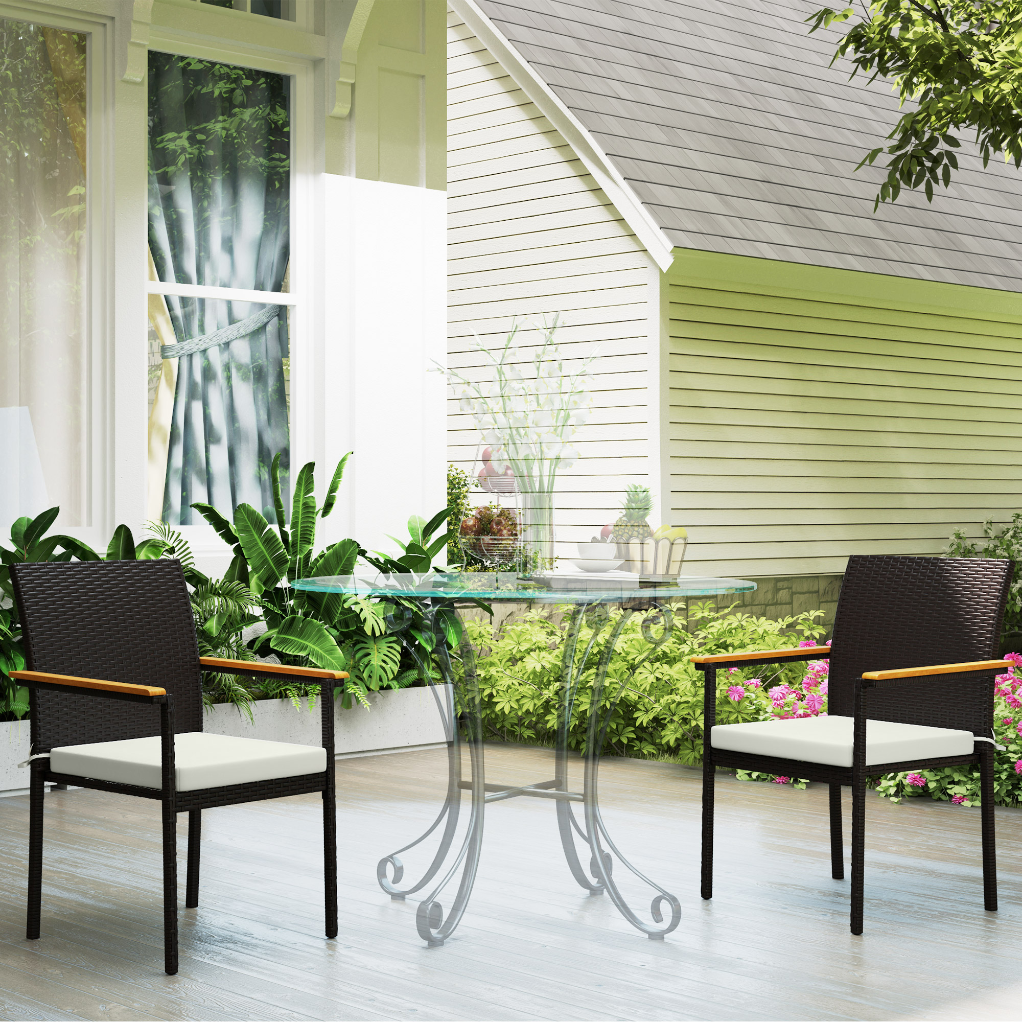 Stackable Wicker Patio Chairs Set of 2 with Removable Cushion, Armrest for Garden, Porch, Yard, Cream White - Image 6