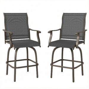 Outdoor Bar Stools Set of 2, Swivel Bar Height Chairs with High Back, Curved Armrests and Steel Frame, Black