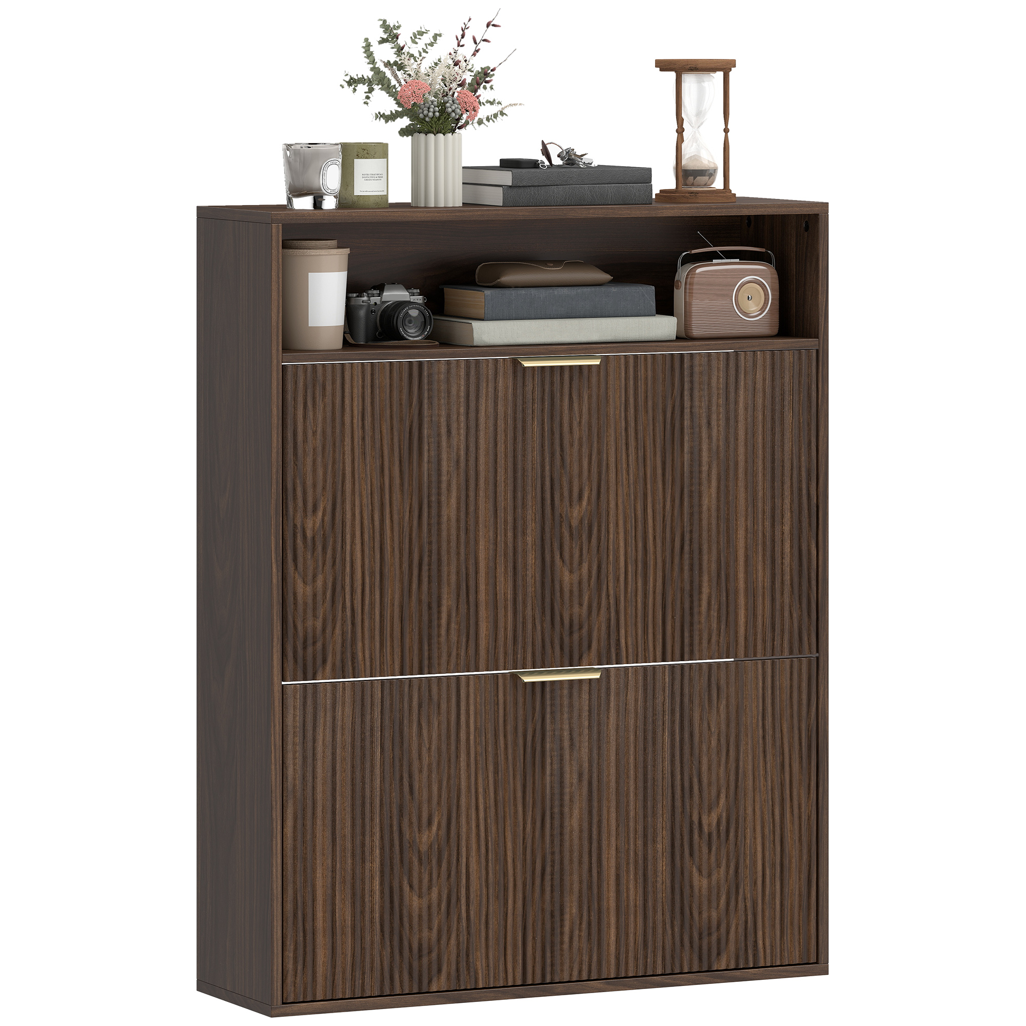 Shoe Cabinet with 2 Flip Drawers Narrow Shoe Storage Cabinet with Top Shelf for Entryway Hallway Coffee