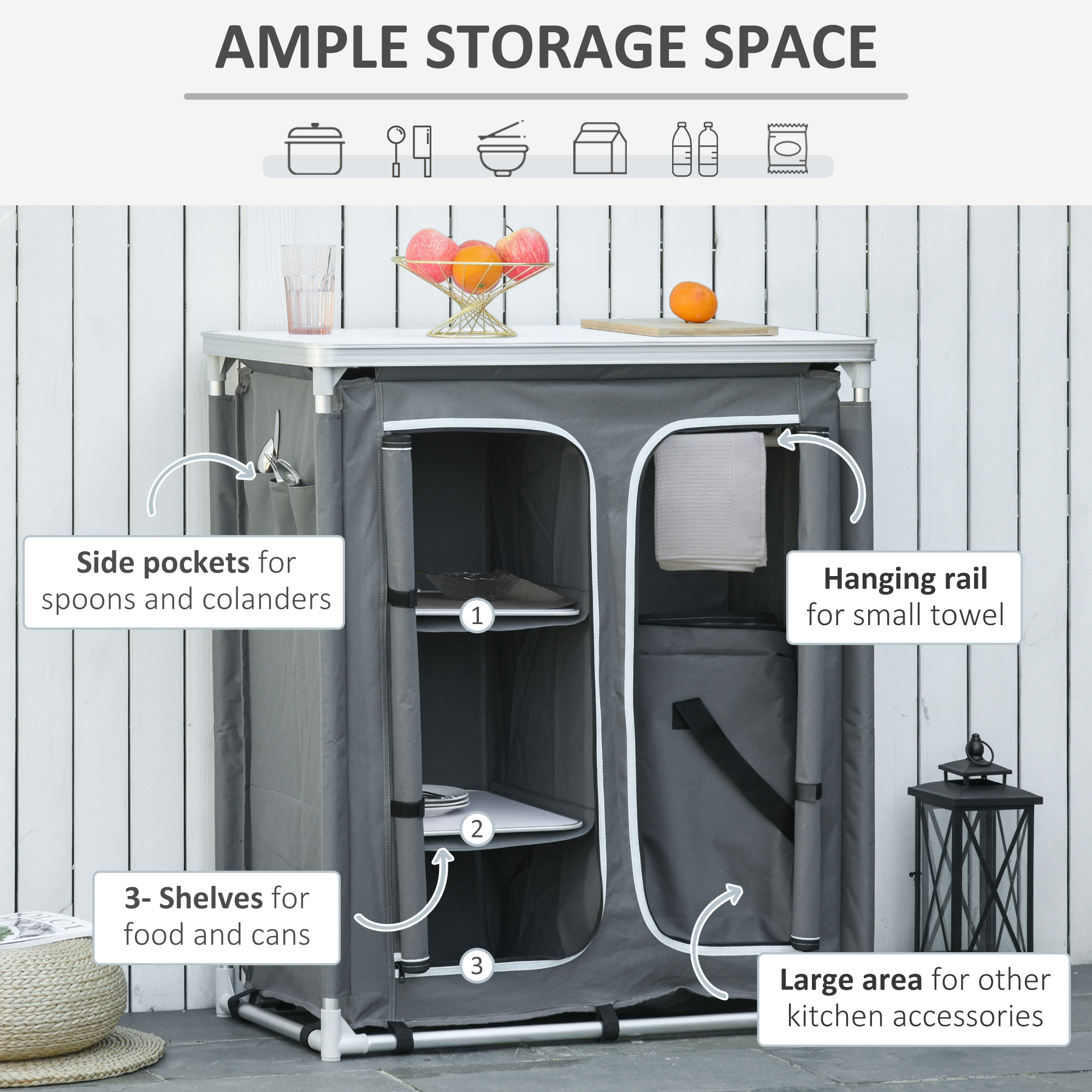 Aluminum Camping Table, Camping Kitchen Station Cook Cupborad with 3-Shelf, Storage Organiser for BBQ Party Picnic Grey - Image 5